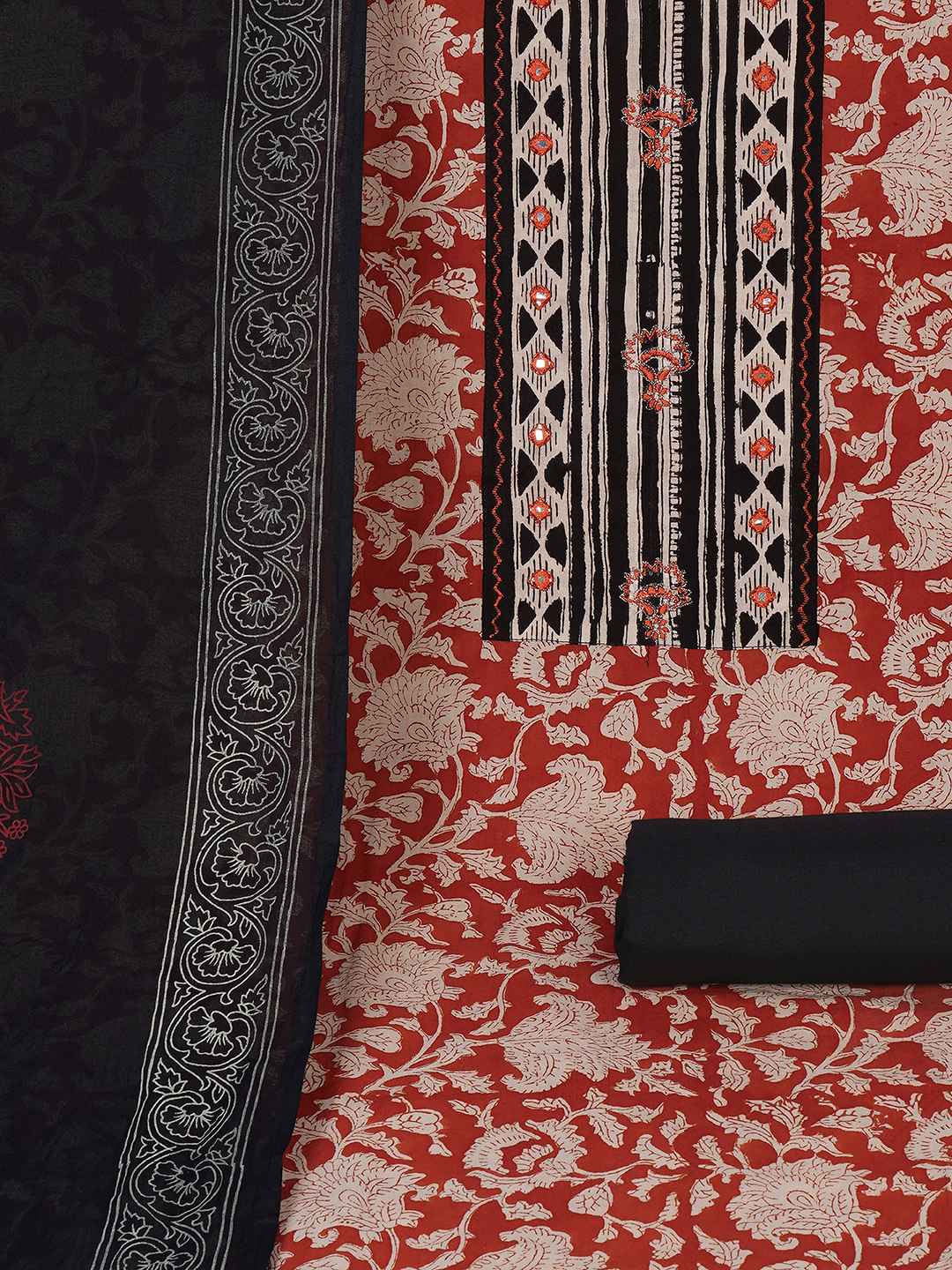 Bagru Floral Printed Dress Material with Mirror Work Yoke.(Rust)