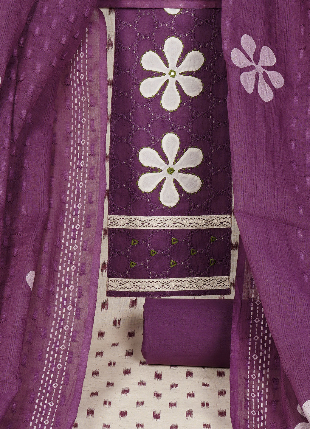 Cotton Printed Ready-to-Stitch Suit Set with Schiffli Yoke, Lace Work & Block Print Dupatta Material.(Purple)