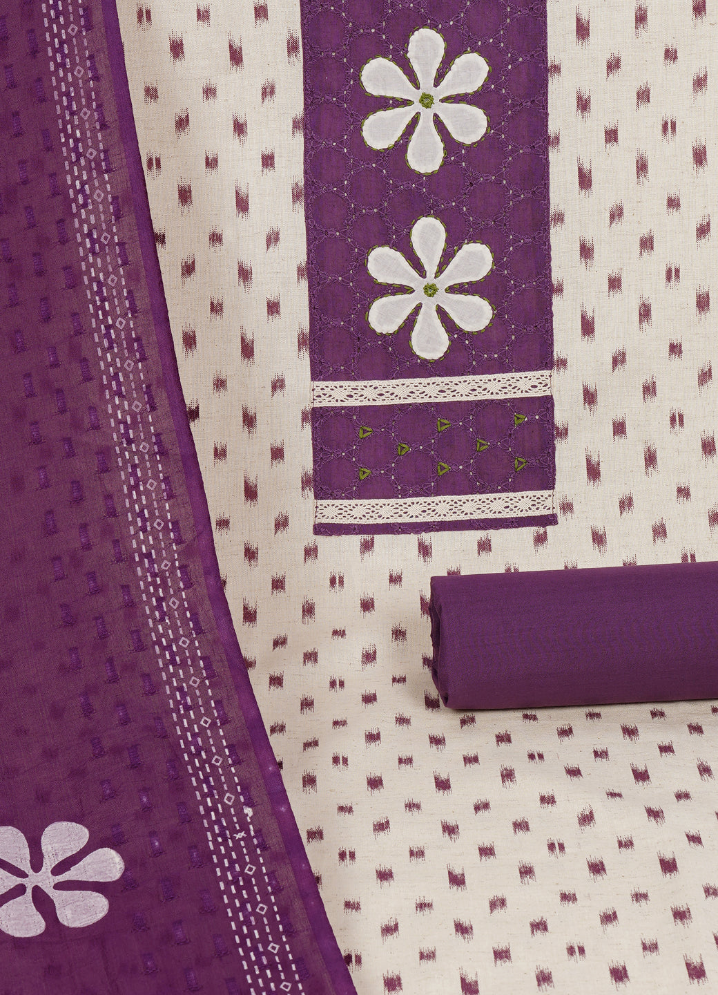 Cotton Printed Ready-to-Stitch Suit Set with Schiffli Yoke, Lace Work & Block Print Dupatta Material.(Purple)