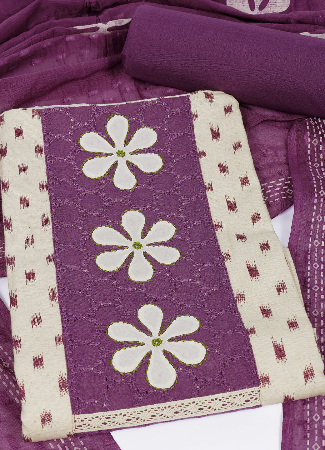 Cotton Printed Ready-to-Stitch Suit Set with Schiffli Yoke, Lace Work & Block Print Dupatta Material.(Purple)