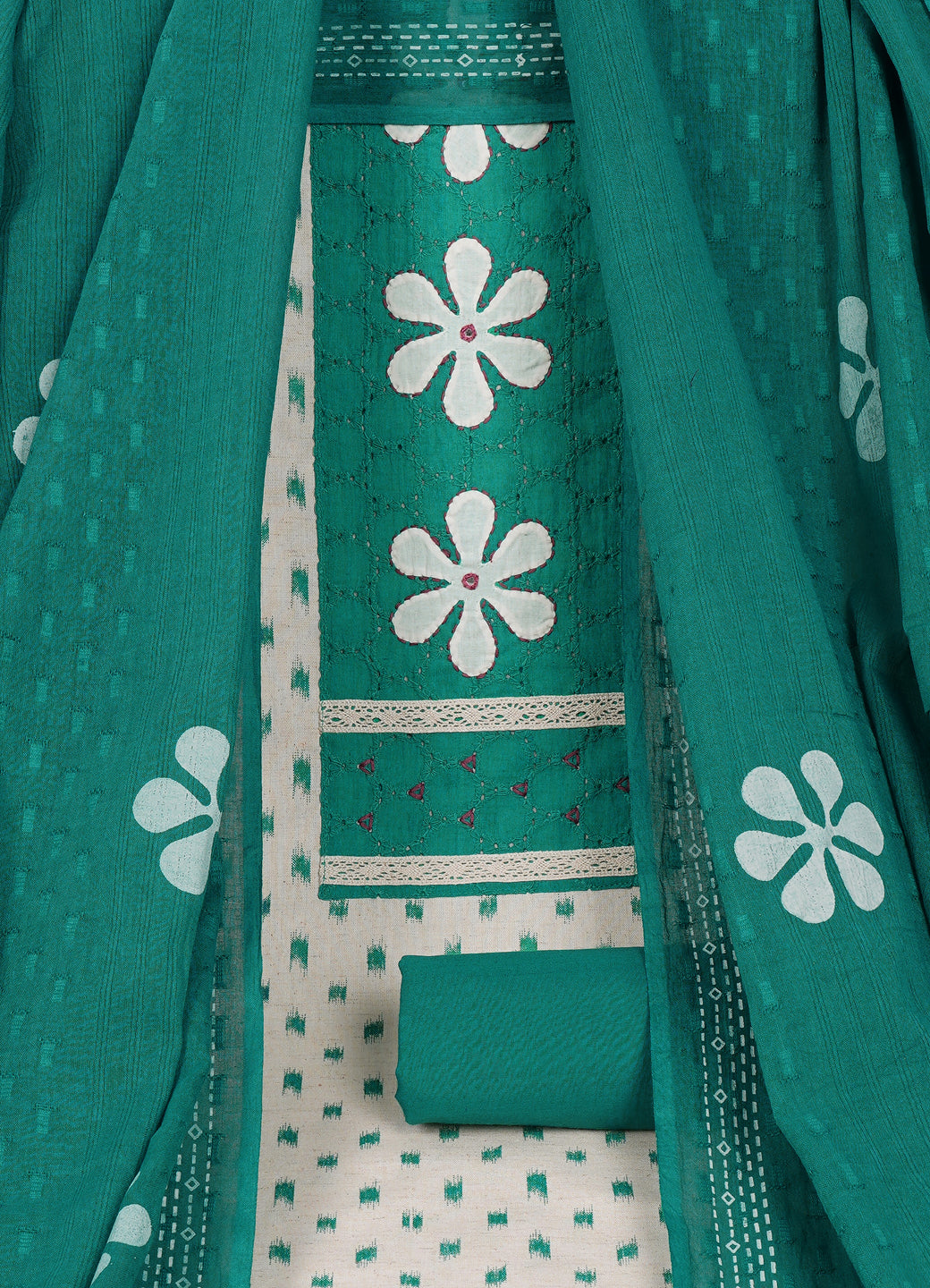 Cotton Printed Ready-to-Stitch Suit Set with Schiffli Yoke, Lace Work & Block Print Dupatta Material.(Green)