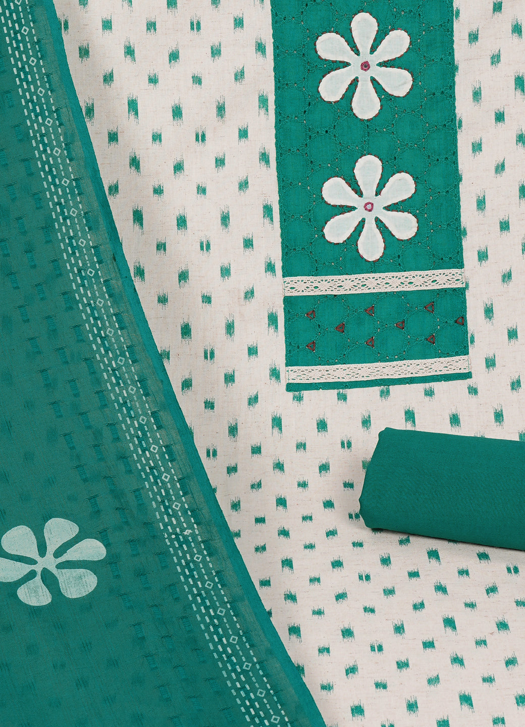 Cotton Printed Ready-to-Stitch Suit Set with Schiffli Yoke, Lace Work & Block Print Dupatta Material.(Green)
