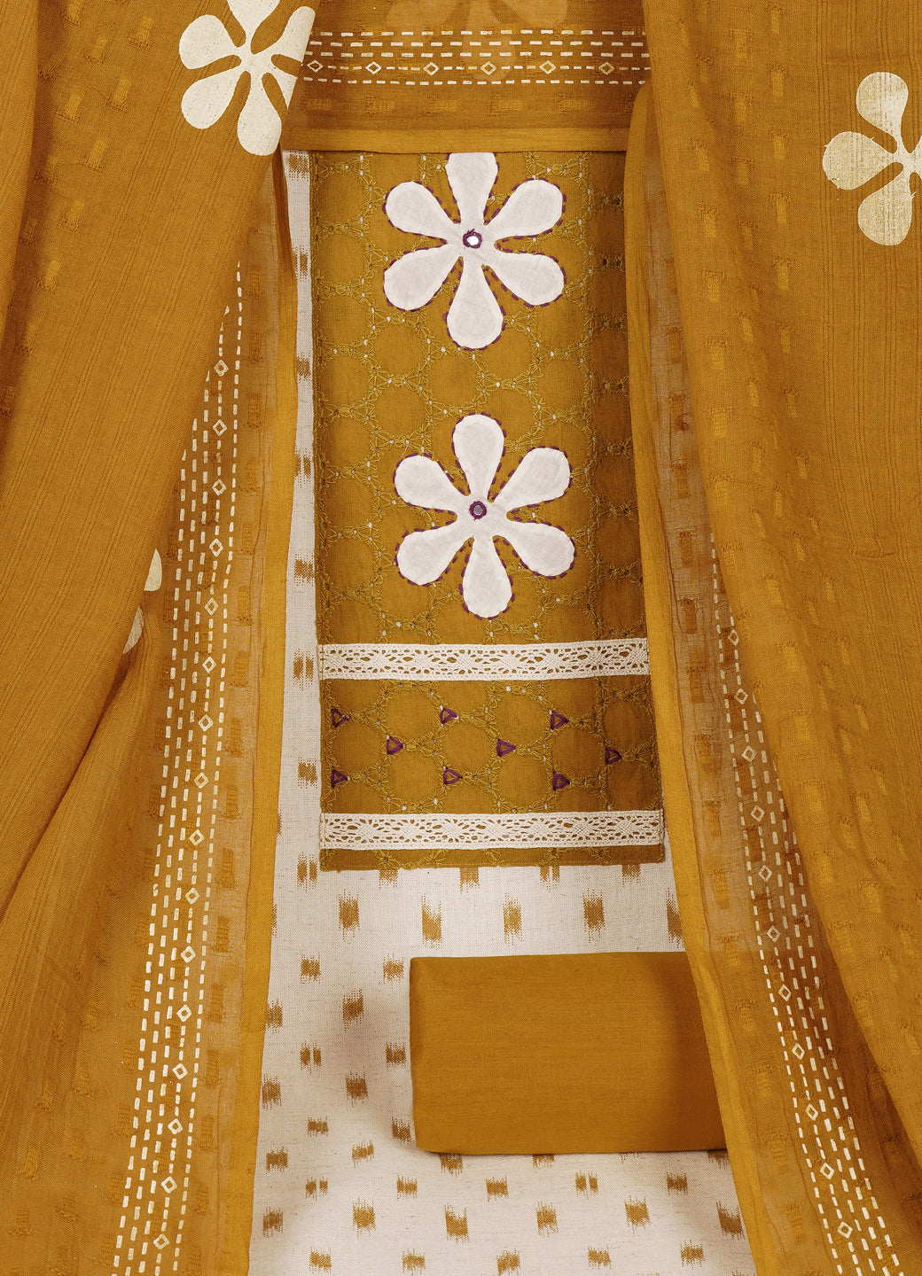 Cotton Printed Ready-to-Stitch Suit Set with Schiffli Yoke, Lace Work & Block Print Dupatta Material.(Mustard)