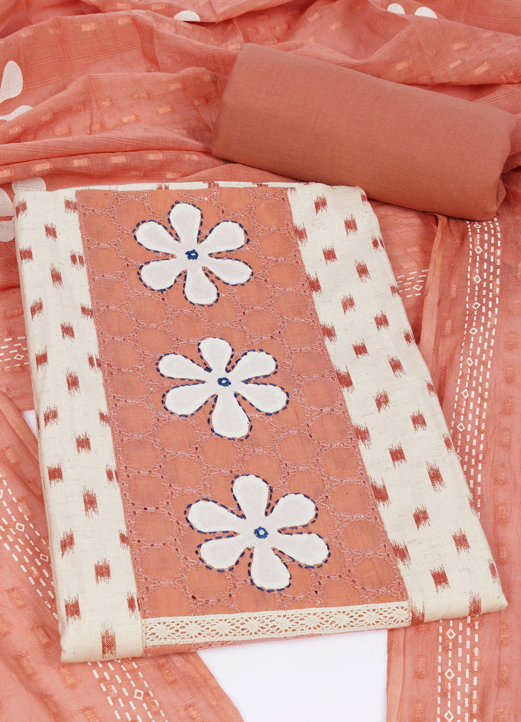 Cotton Printed Ready-to-Stitch Suit Set with Schiffli Yoke, Lace Work & Block Print Dupatta Material.(Peach)