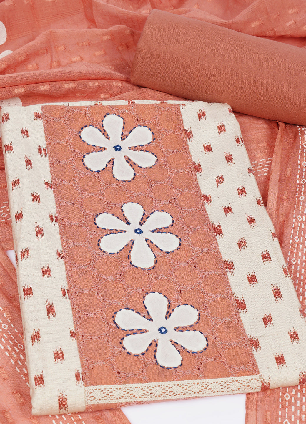 Cotton Printed Ready-to-Stitch Suit Set with Schiffli Yoke, Lace Work & Block Print Dupatta Material.(Peach)