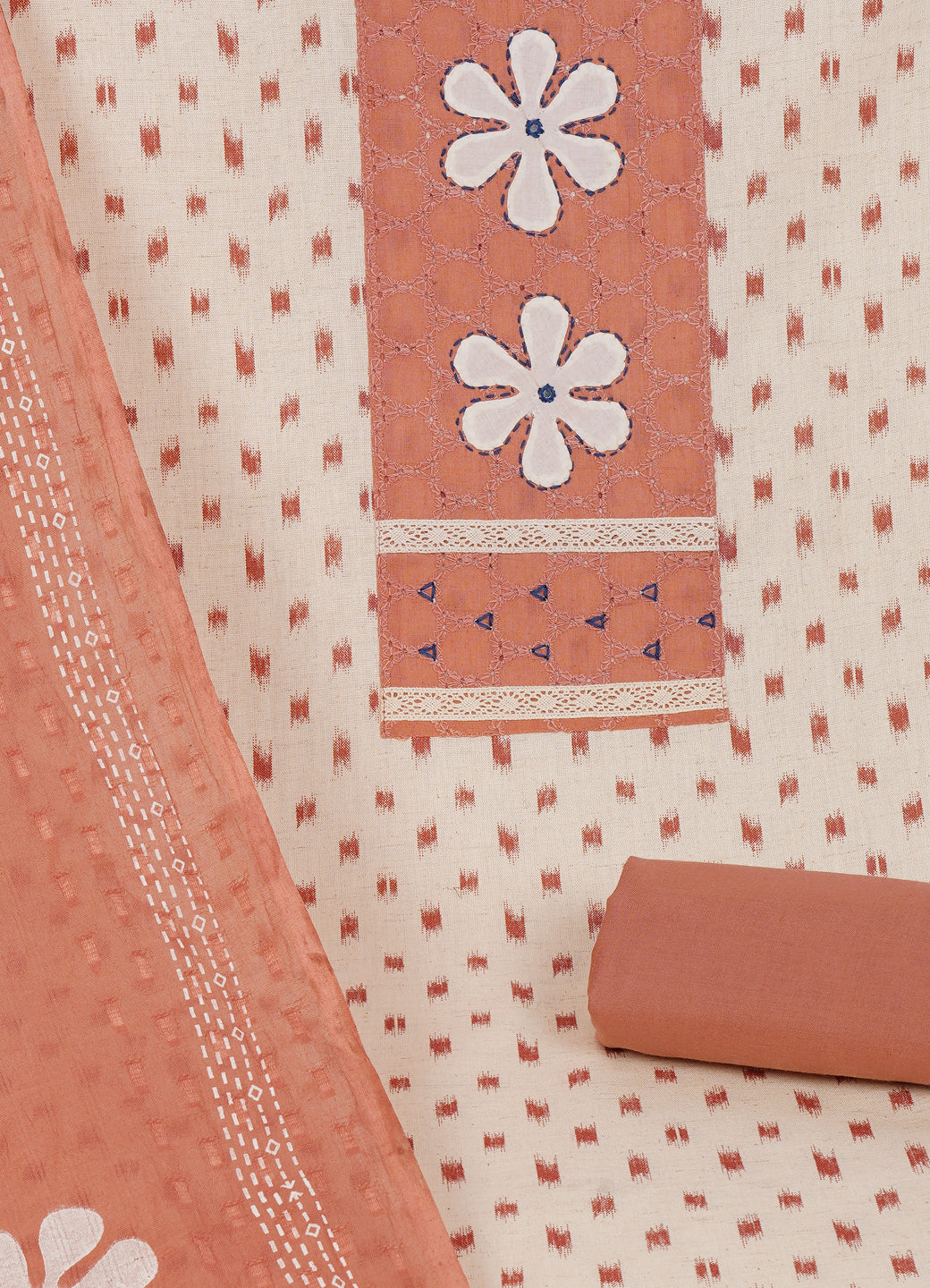 Cotton Printed Ready-to-Stitch Suit Set with Schiffli Yoke, Lace Work & Block Print Dupatta Material.(Peach)