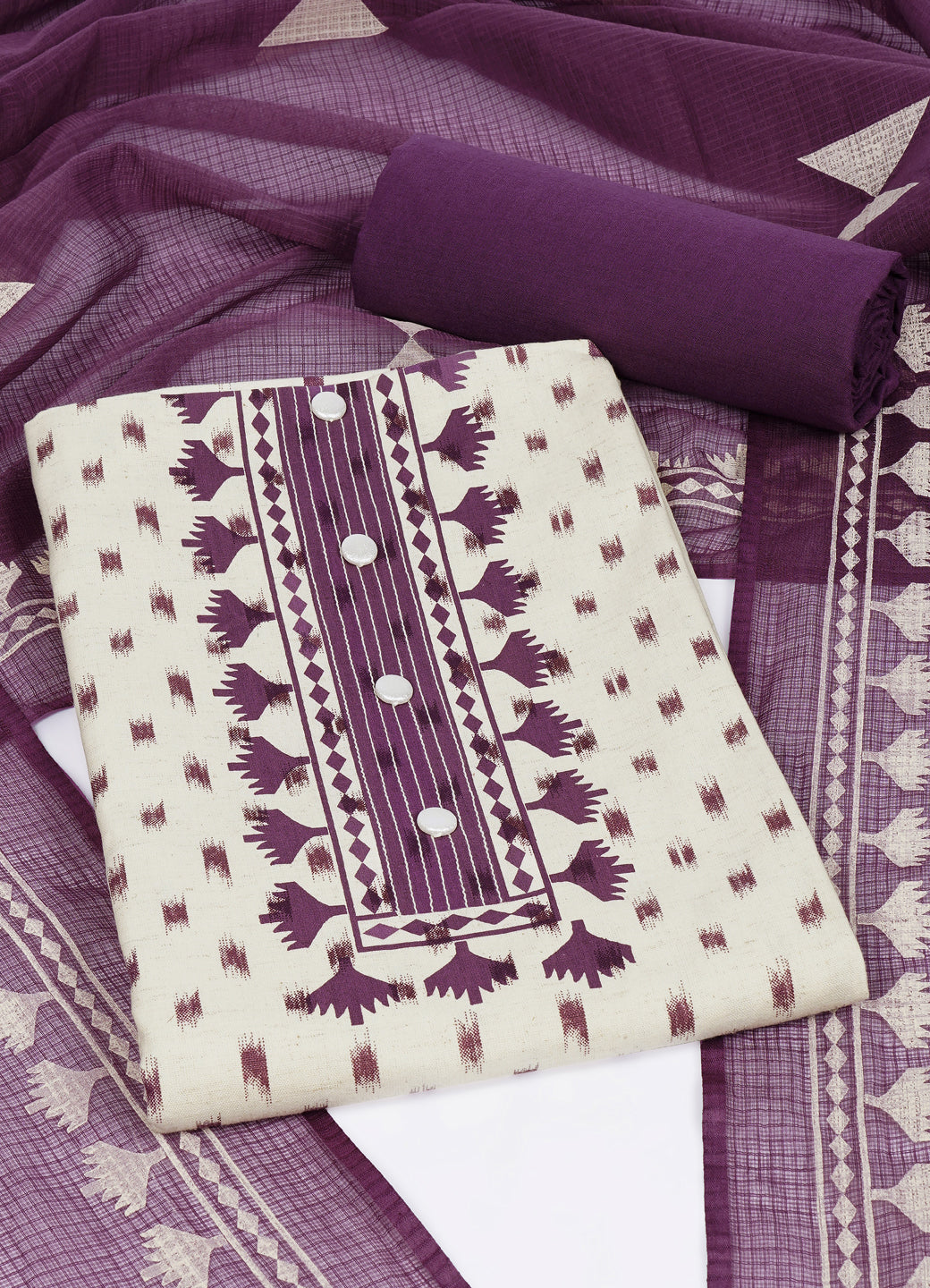 Printed Cotton Flex Unstitched Suit Set with Block Print Yoke & Hand Printed Dupatta Material.(Purple)