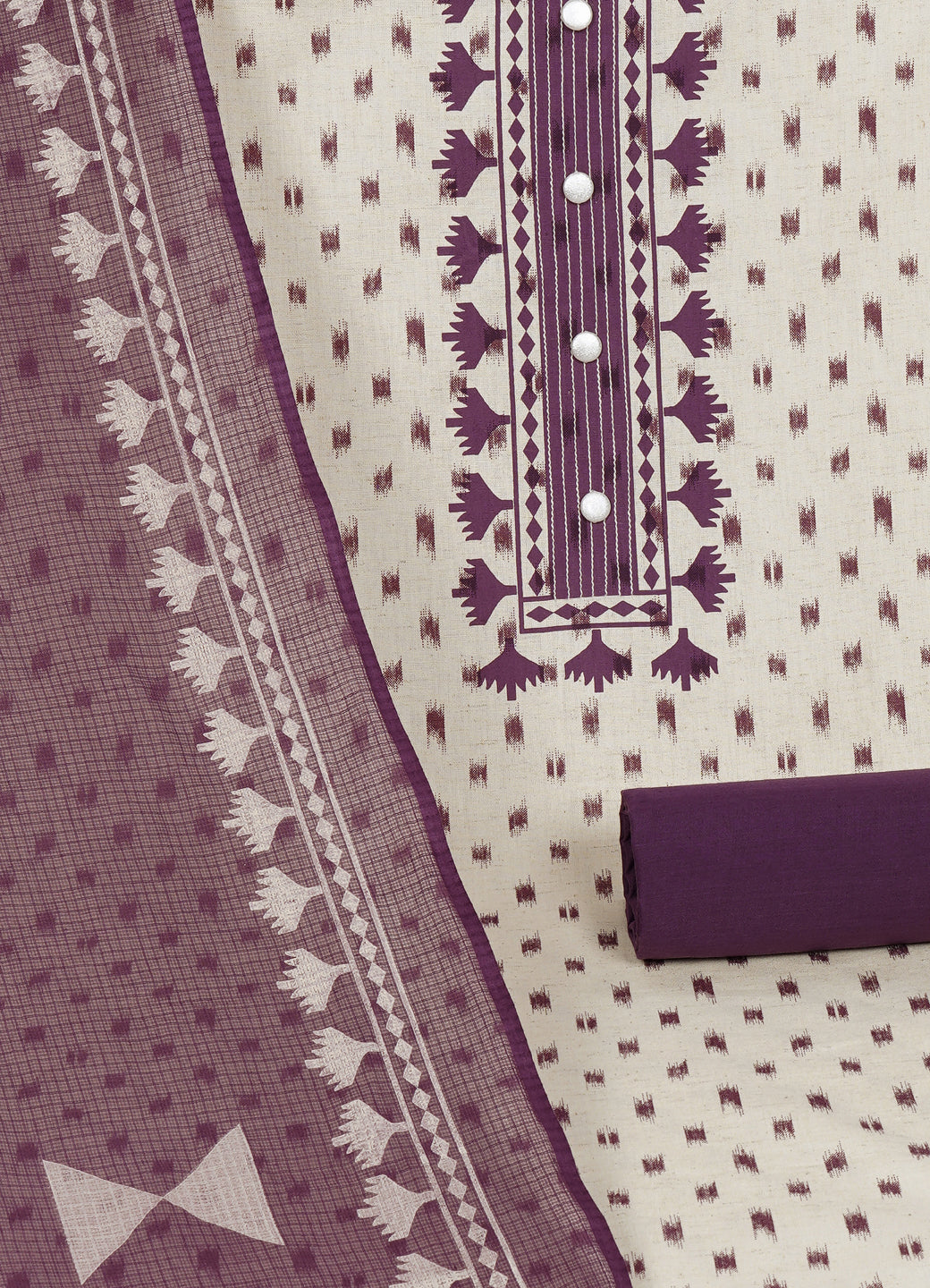 Printed Cotton Flex Unstitched Suit Set with Block Print Yoke & Hand Printed Dupatta Material.(Purple)