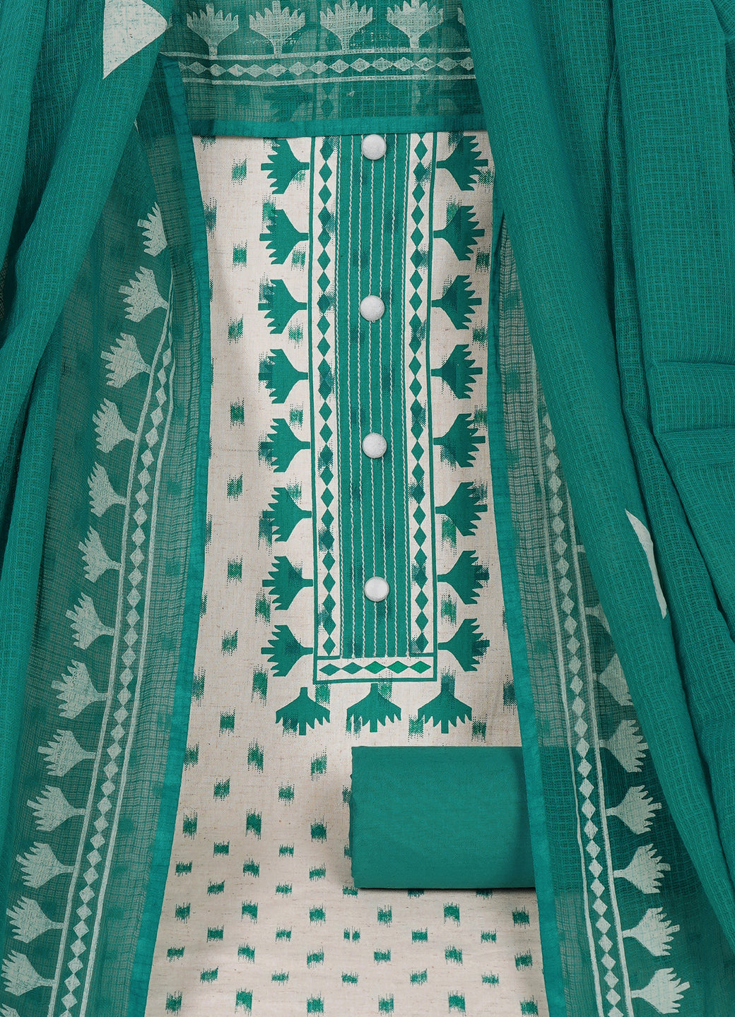 Printed Cotton Flex Unstitched Suit Set with Block Print Yoke & Hand Printed Dupatta Material.(Green)