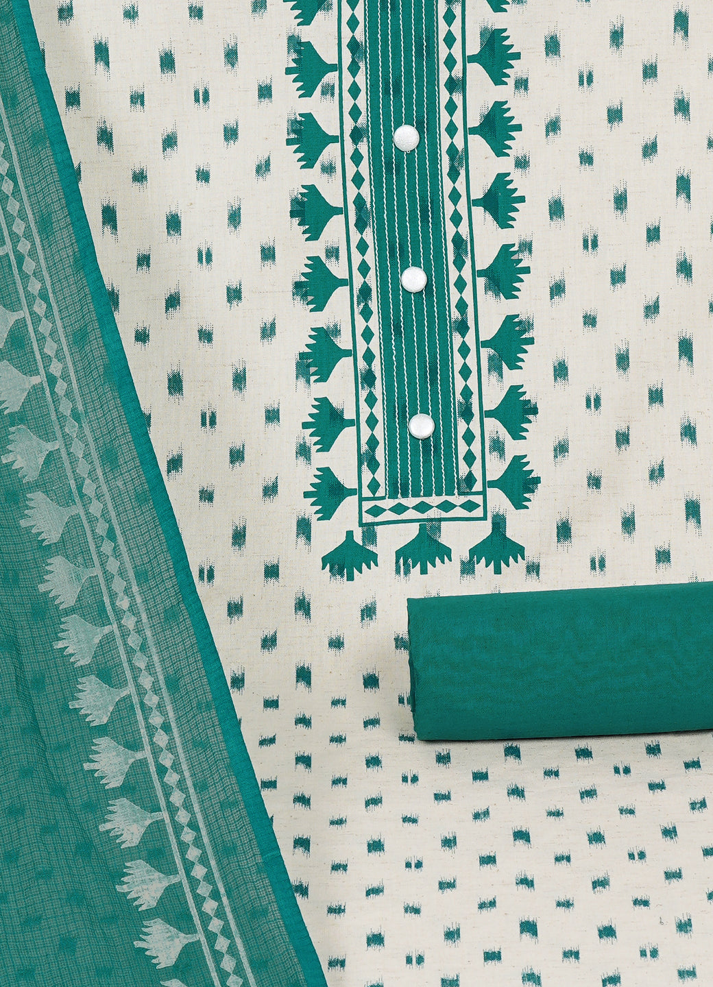 Printed Cotton Flex Unstitched Suit Set with Block Print Yoke & Hand Printed Dupatta Material.(Green)