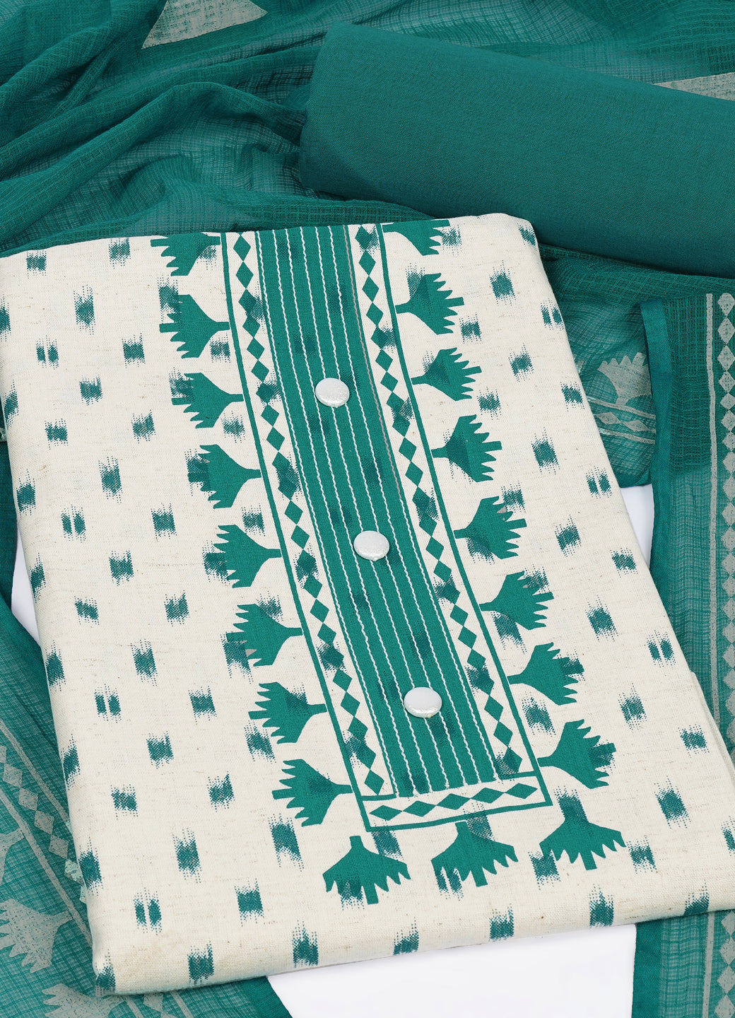 Printed Cotton Flex Unstitched Suit Set with Block Print Yoke & Hand Printed Dupatta Material.(Green)