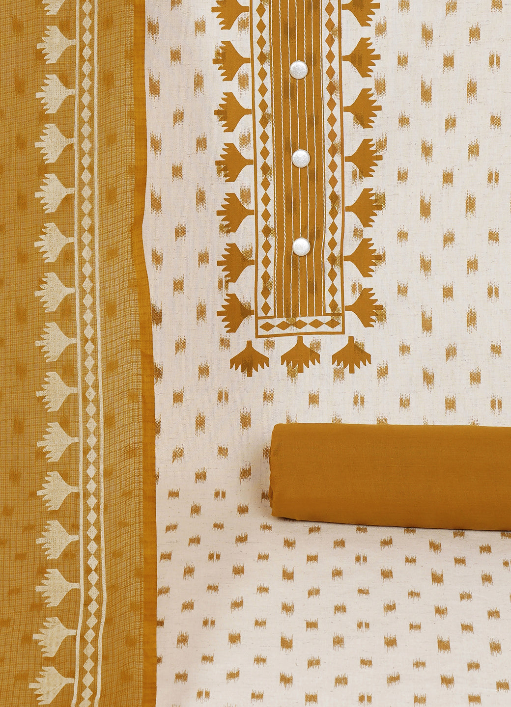 Printed Cotton Flex Unstitched Suit Set with Block Print Yoke & Hand Printed Dupatta Material.(Mustard)