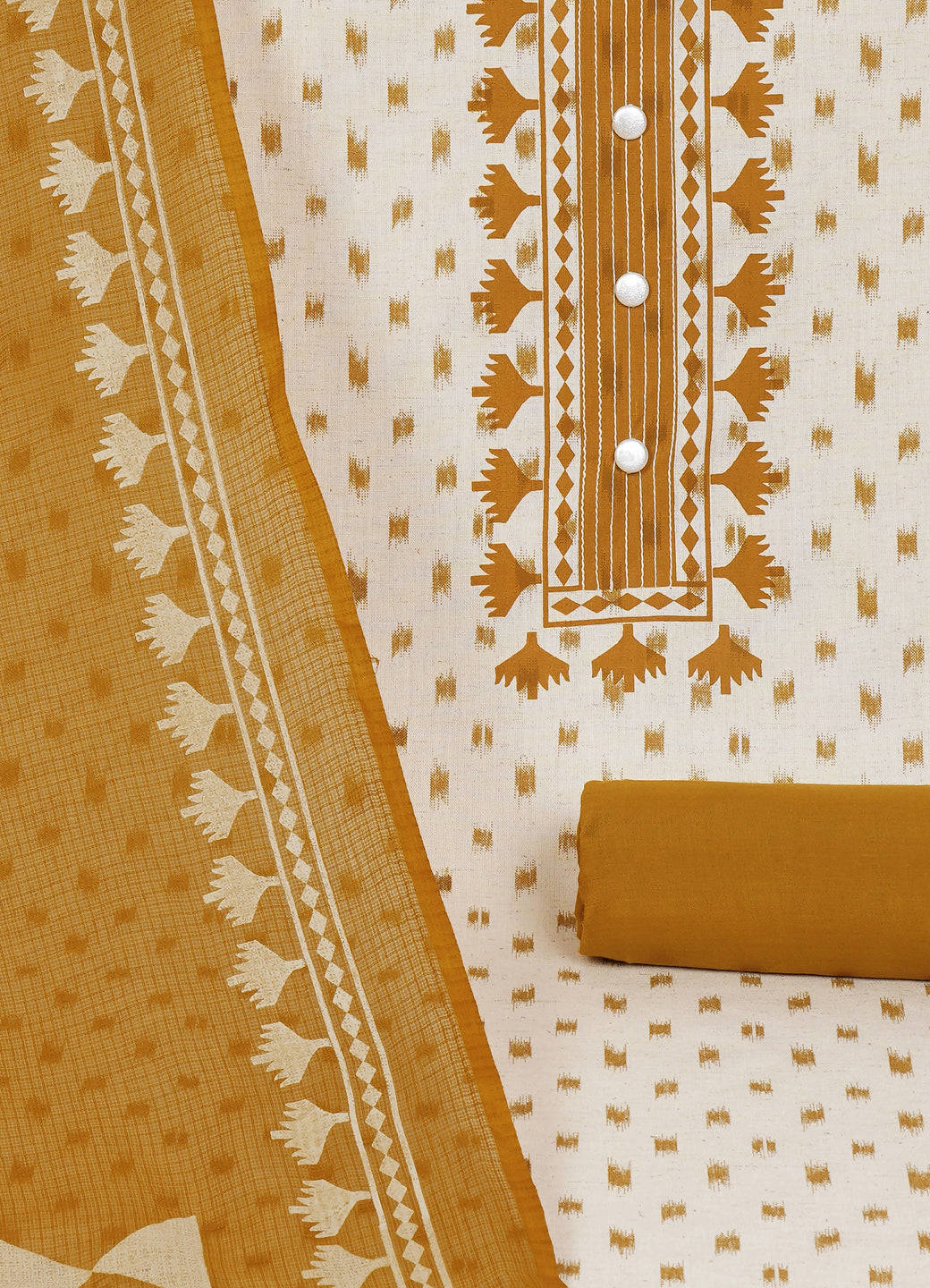 Printed Cotton Flex Unstitched Suit Set with Block Print Yoke & Hand Printed Dupatta Material.(Mustard)