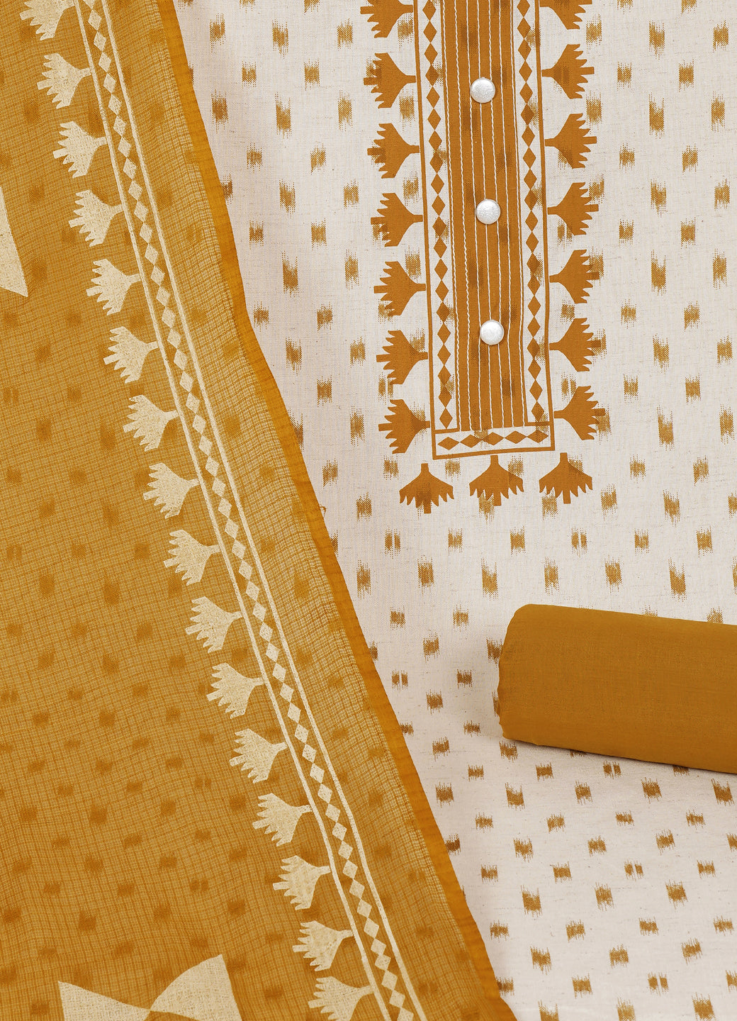 Printed Cotton Flex Unstitched Suit Set with Block Print Yoke & Hand Printed Dupatta Material.(Mustard)