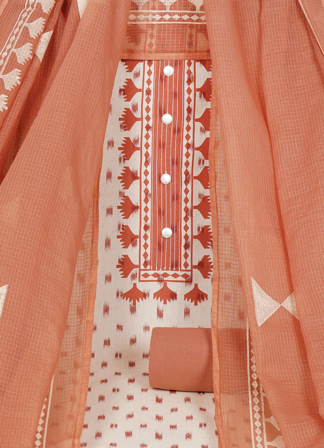Printed Cotton Flex Unstitched Suit Set with Block Print Yoke & Hand Printed Dupatta Material.(Peach)