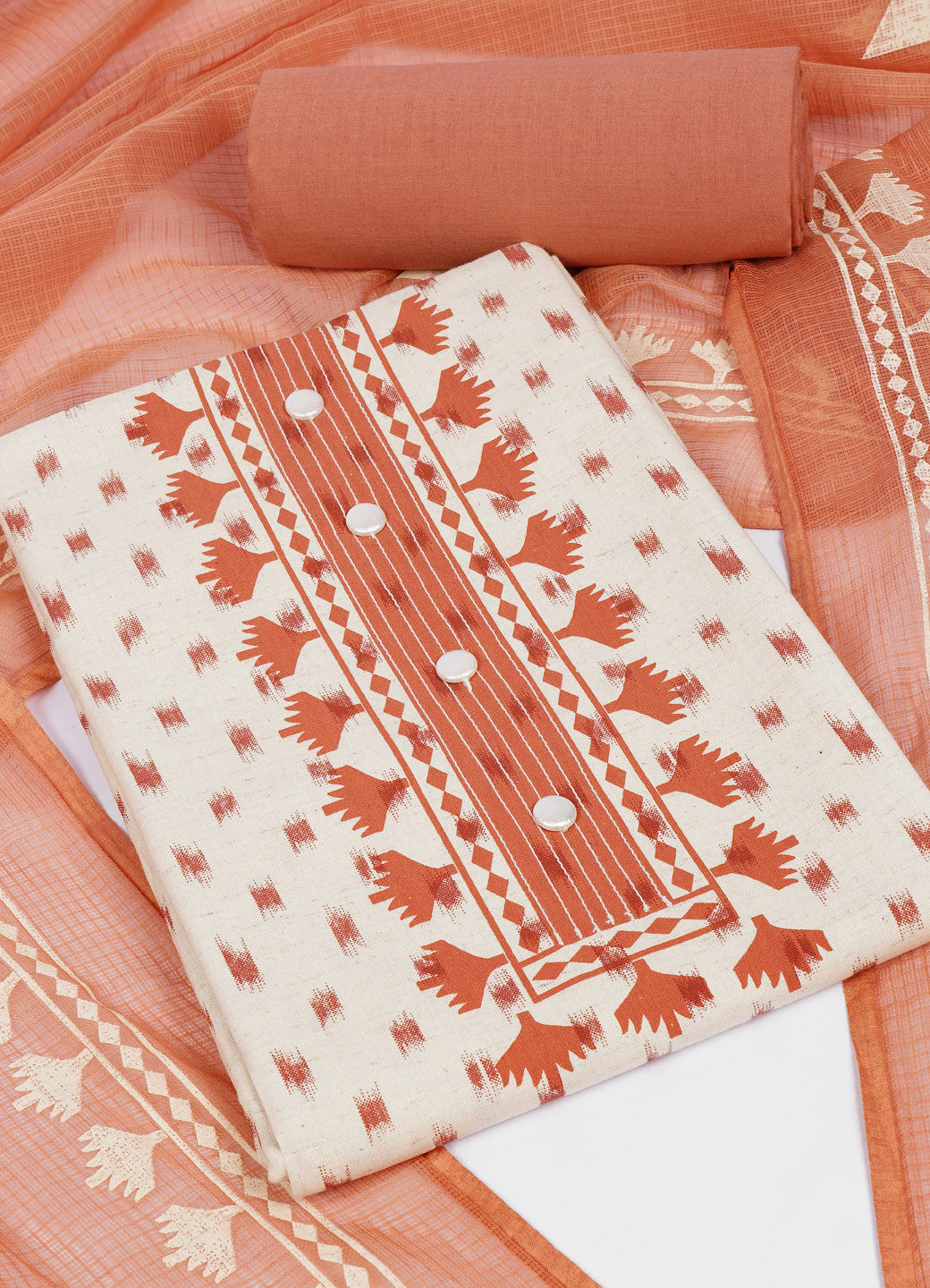 Printed Cotton Flex Unstitched Suit Set with Block Print Yoke & Hand Printed Dupatta Material.(Peach)