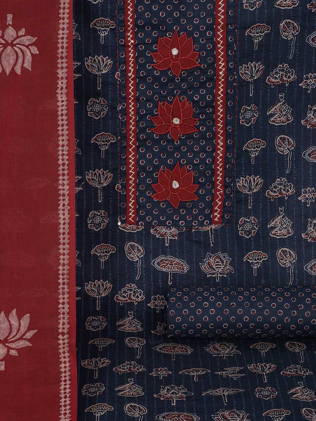 Ready-to-Stitch Cotton embroidered Dress Material Paired with Printed Bottom and printed dupatta.(Blue)