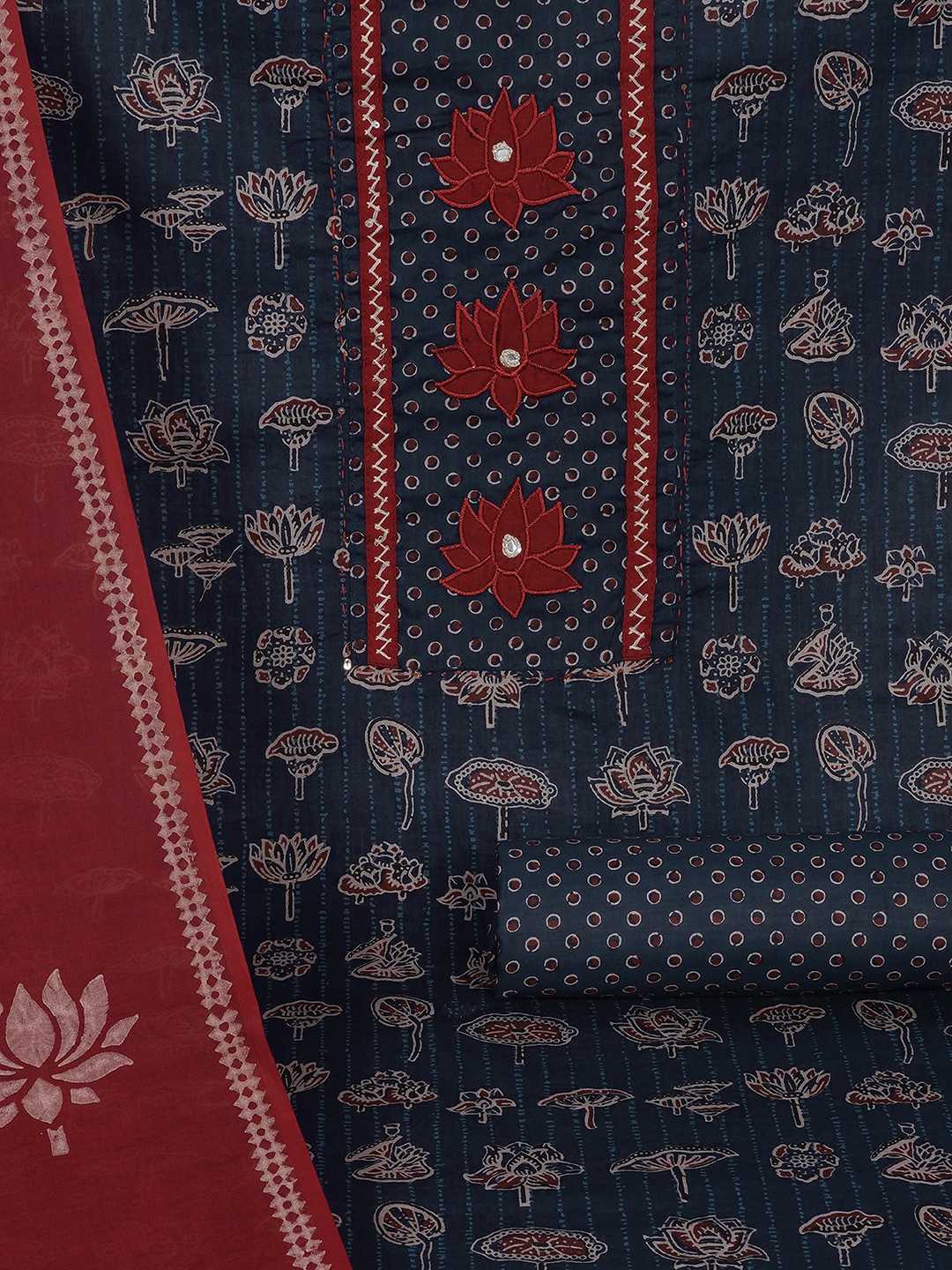 Ready-to-Stitch Cotton embroidered Dress Material Paired with Printed Bottom and printed dupatta.(Blue)