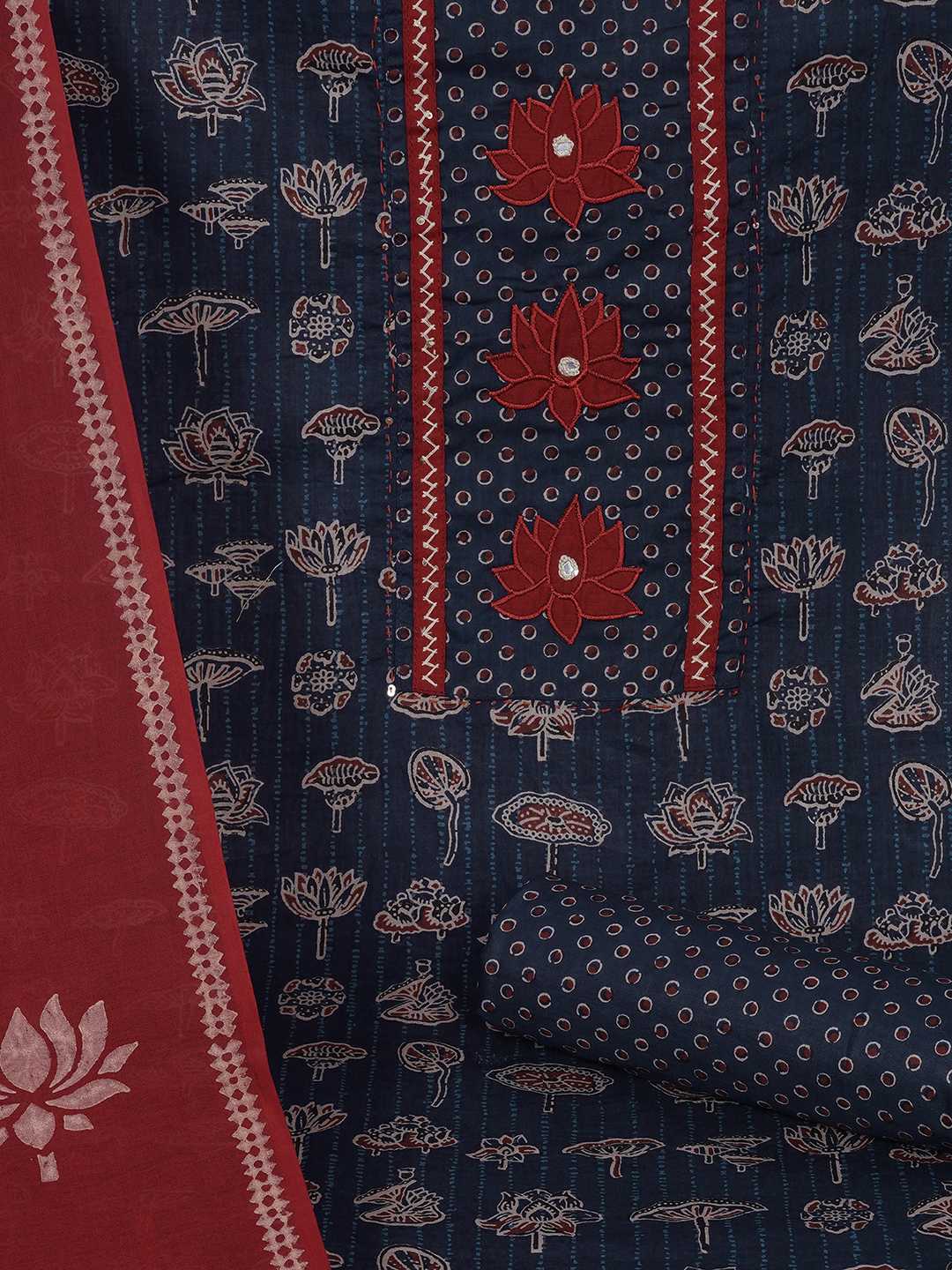 Ready-to-Stitch Cotton embroidered Dress Material Paired with Printed Bottom and printed dupatta.(Blue)