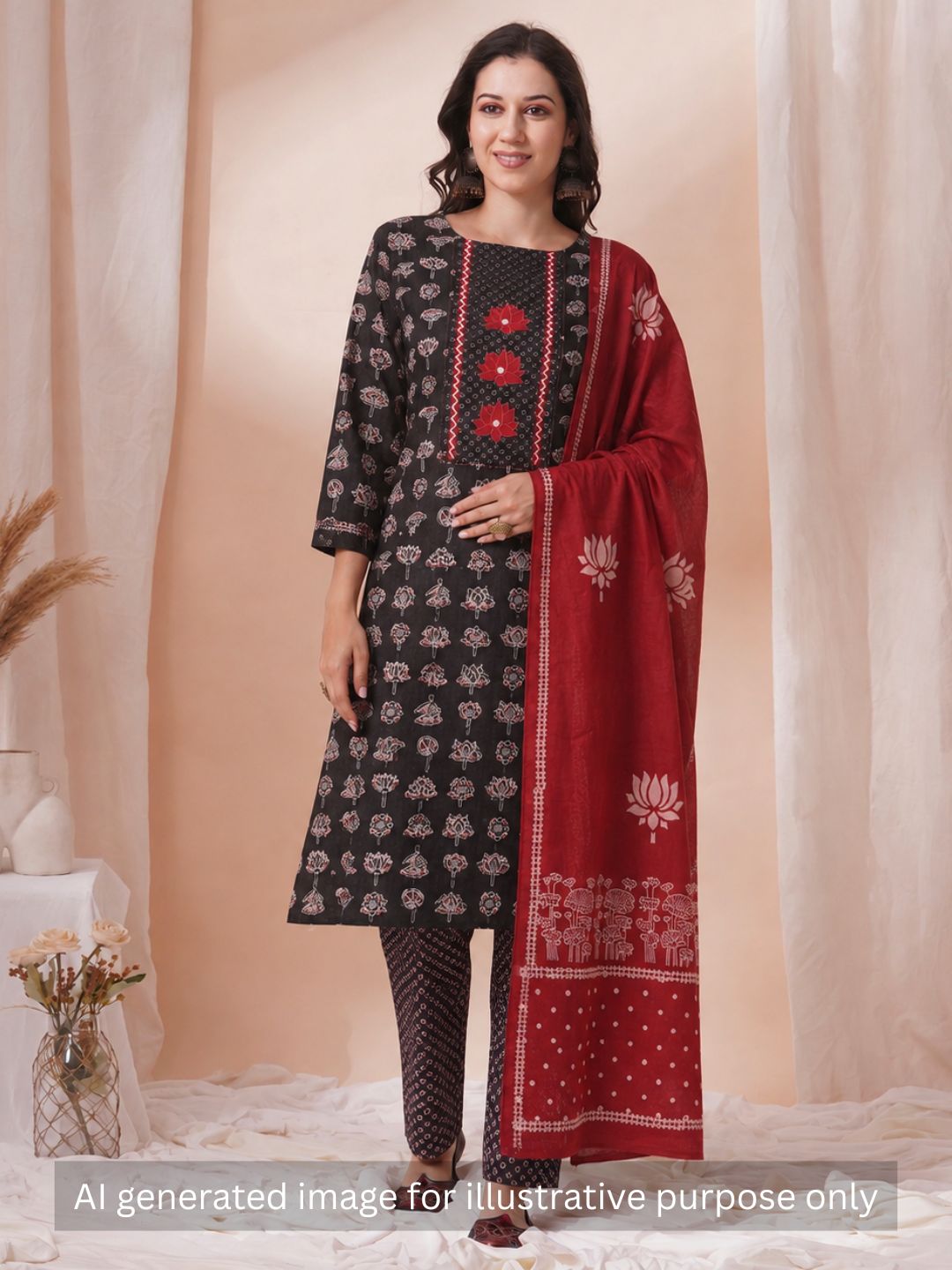Ready-to-Stitch Cotton embroidered Dress Material Paired with Printed Bottom and printed dupatta.(Brown)