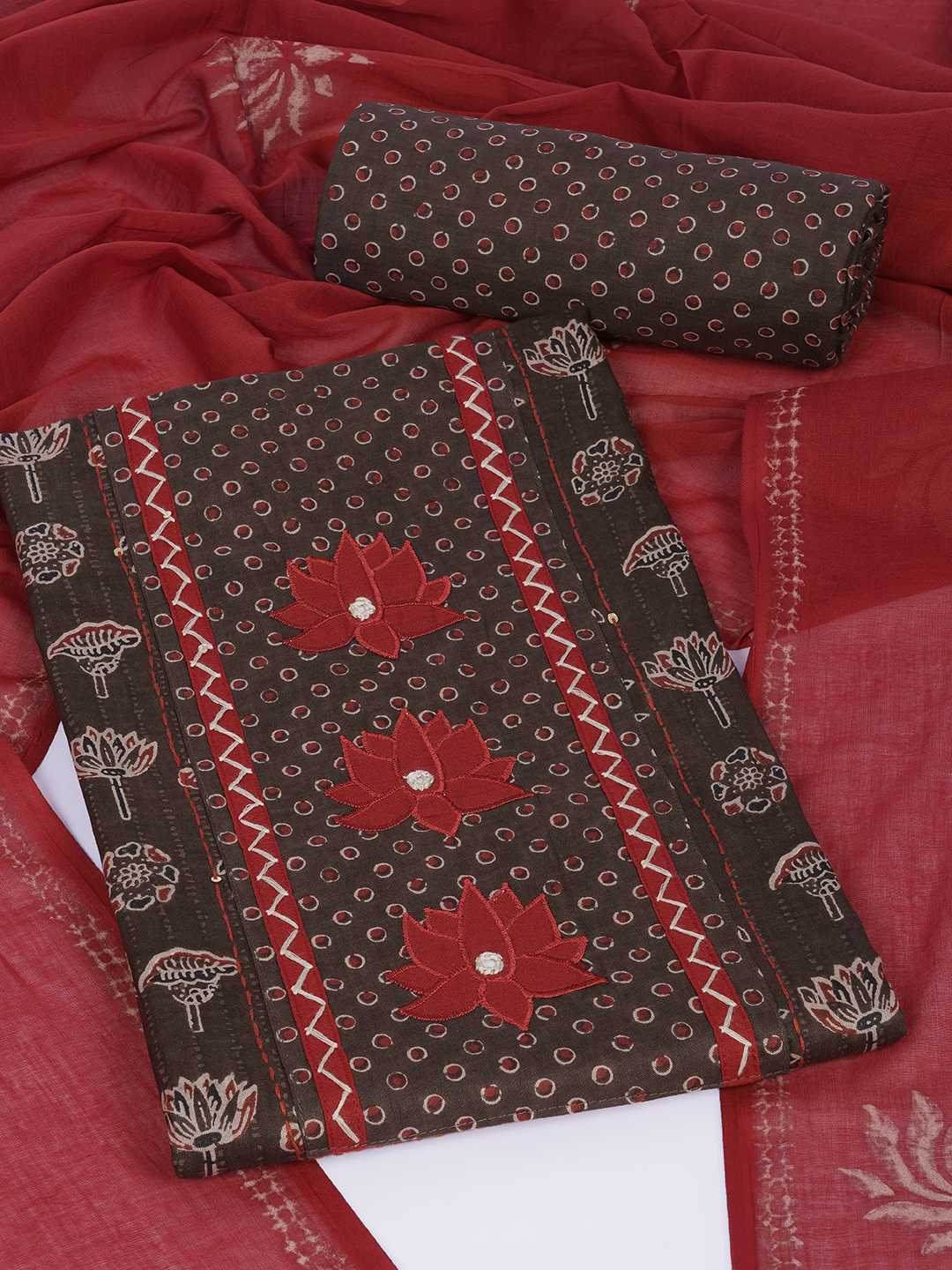 Ready-to-Stitch Cotton embroidered Dress Material Paired with Printed Bottom and printed dupatta.(Brown)