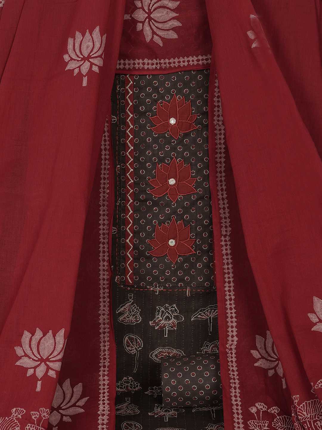 Ready-to-Stitch Cotton embroidered Dress Material Paired with Printed Bottom and printed dupatta.(Brown)
