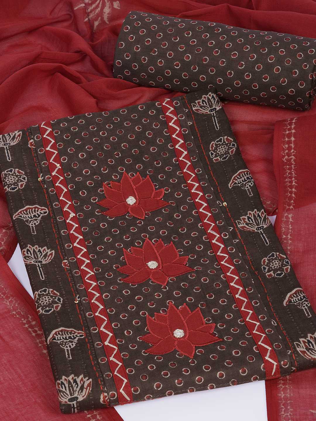 Ready-to-Stitch Cotton embroidered Dress Material Paired with Printed Bottom and printed dupatta.(Brown)