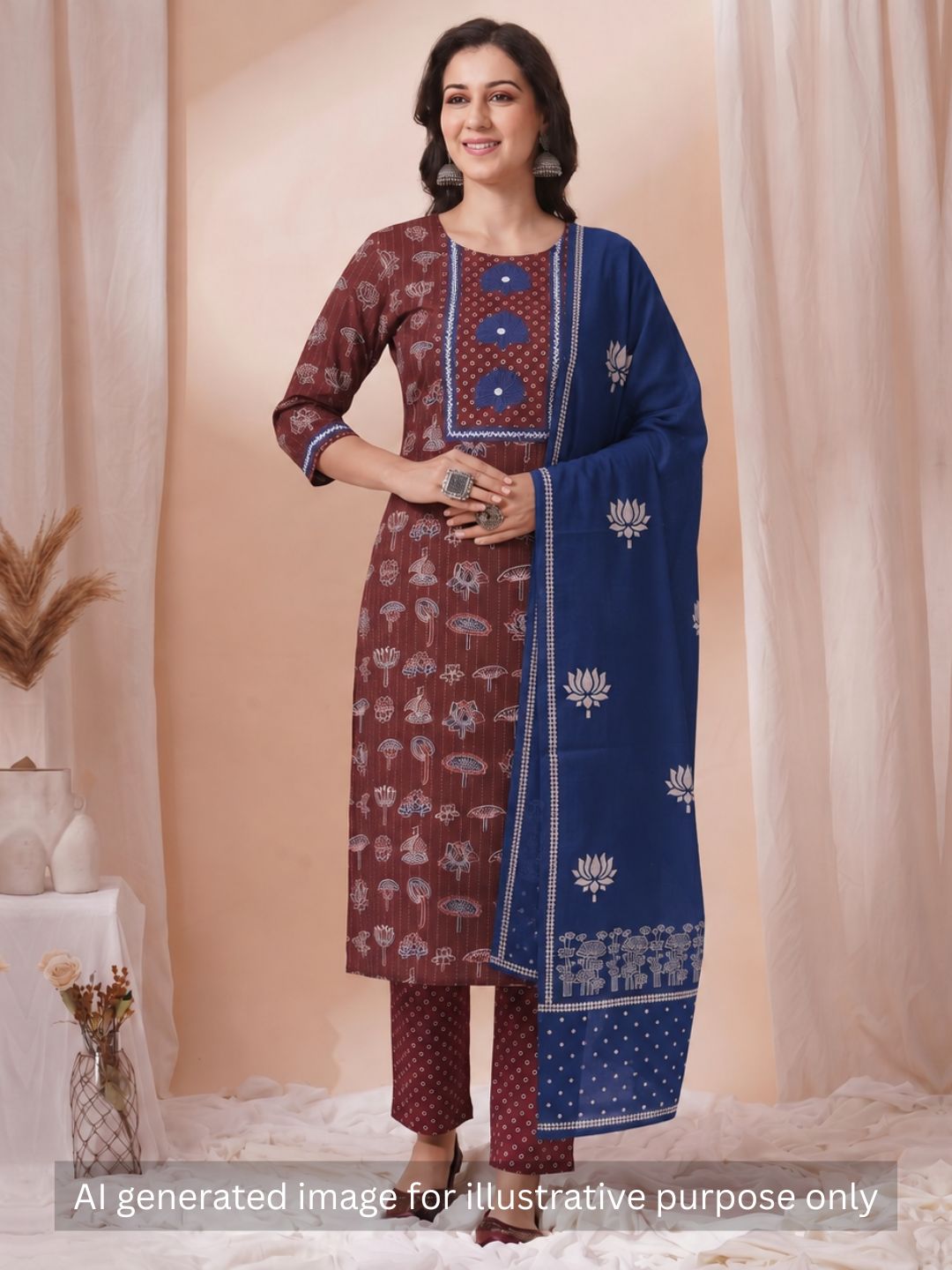 Ready-to-Stitch Cotton embroidered Dress Material Paired with Printed Bottom and printed dupatta.(Maroon)
