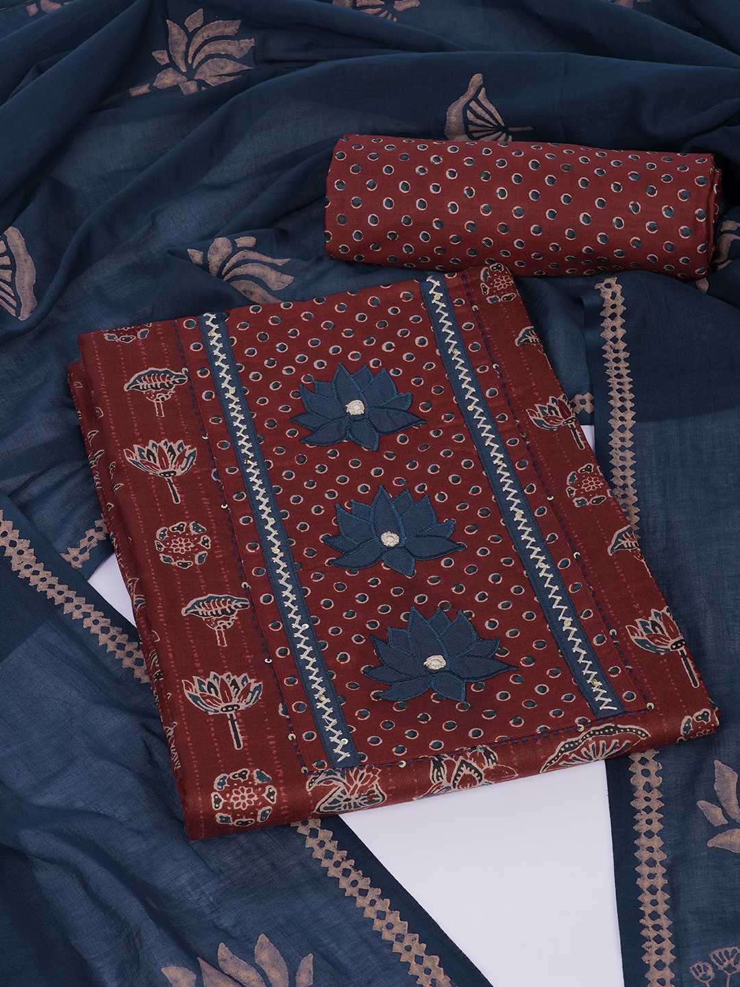 Ready-to-Stitch Cotton embroidered Dress Material Paired with Printed Bottom and printed dupatta.(Maroon)