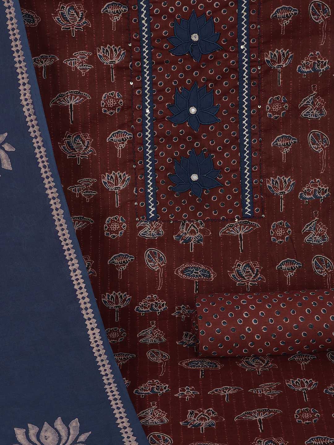 Ready-to-Stitch Cotton embroidered Dress Material Paired with Printed Bottom and printed dupatta.(Maroon)