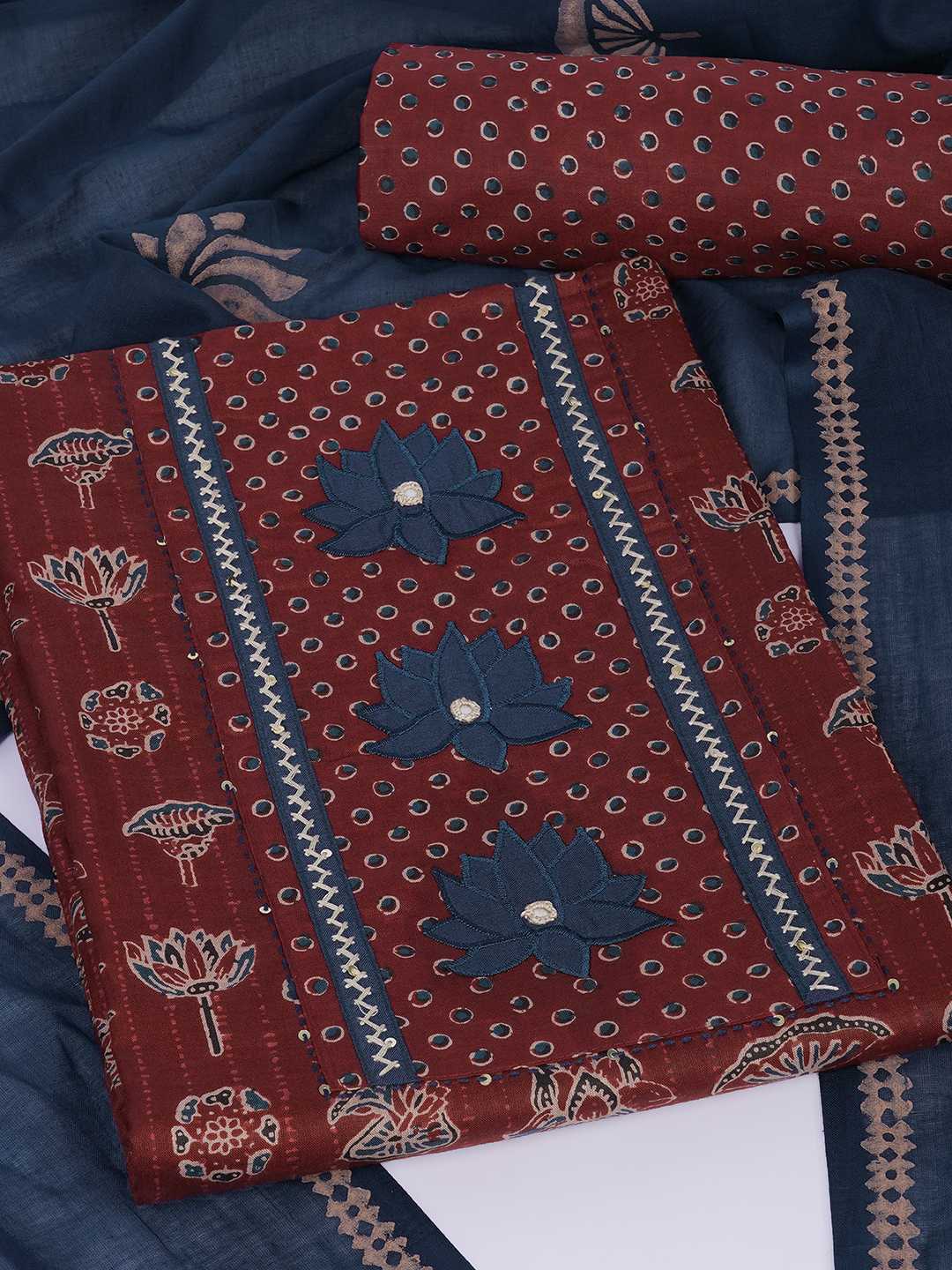 Ready-to-Stitch Cotton embroidered Dress Material Paired with Printed Bottom and printed dupatta.(Maroon)
