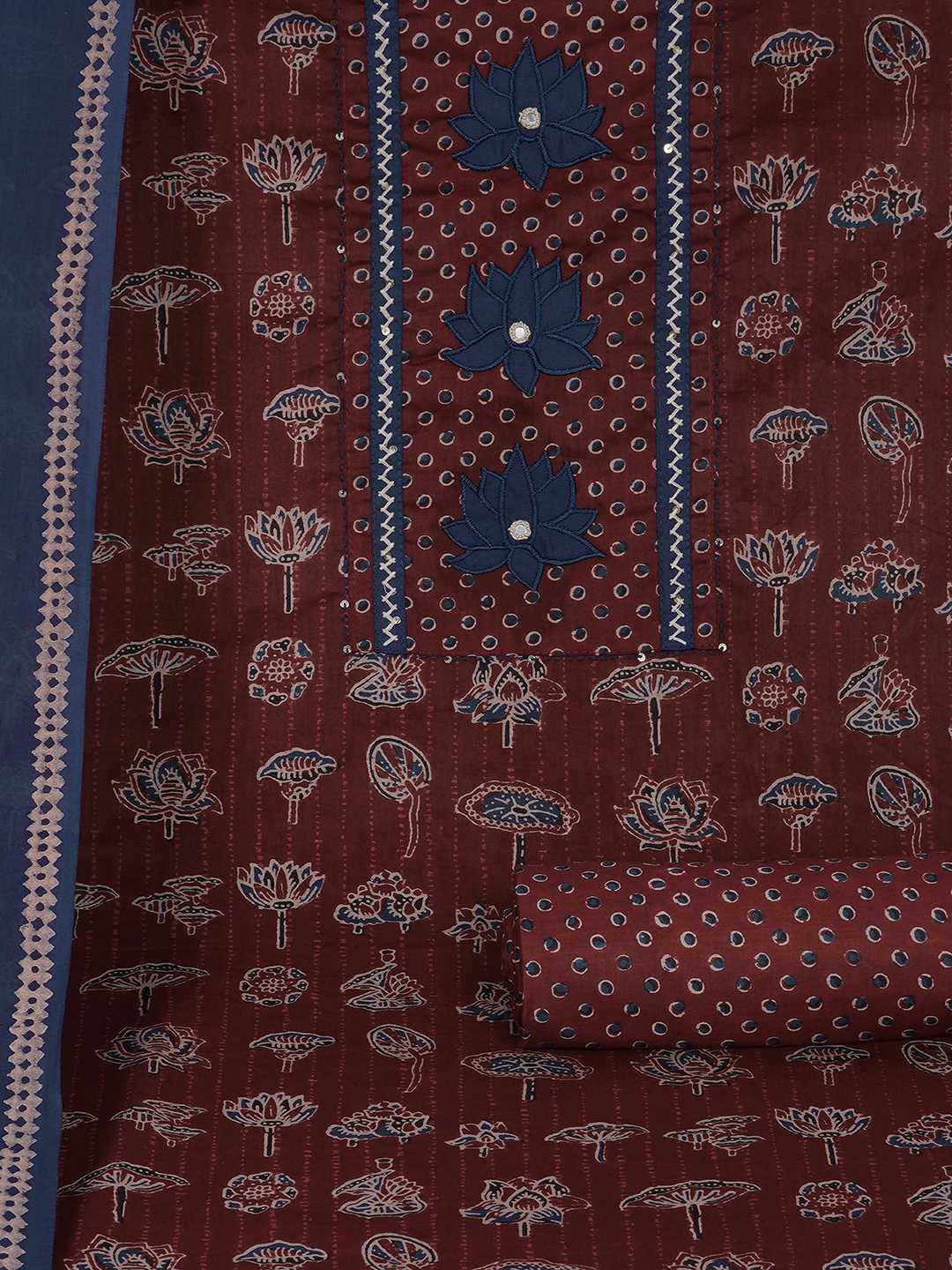 Ready-to-Stitch Cotton embroidered Dress Material Paired with Printed Bottom and printed dupatta.(Maroon)