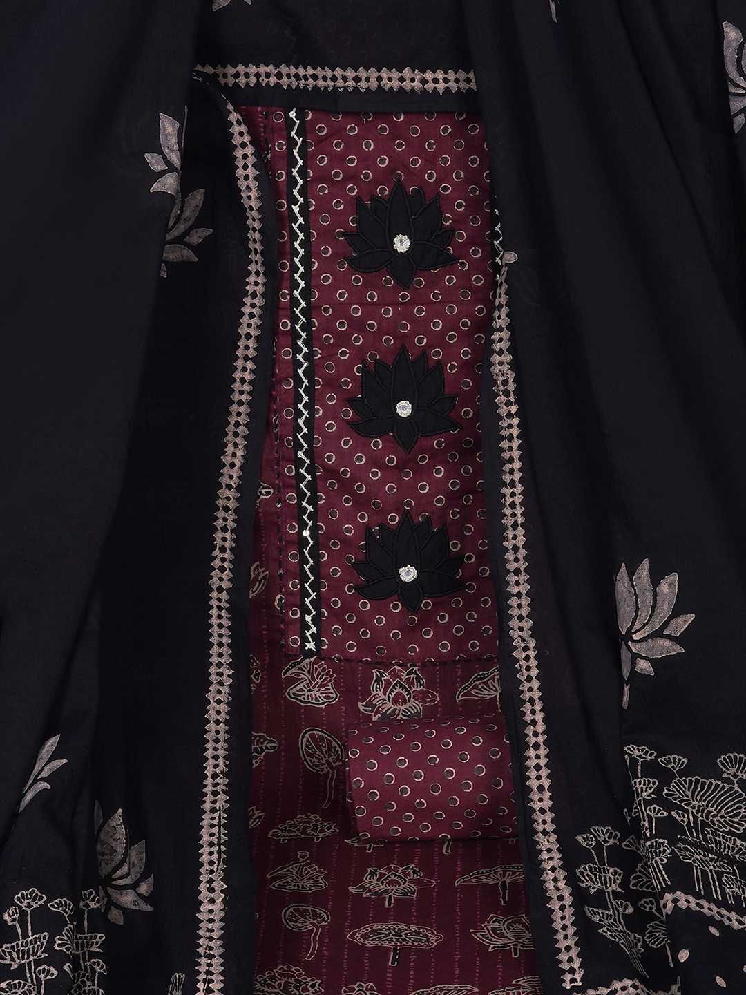 Ready-to-Stitch Cotton embroidered Dress Material Paired with Printed Bottom and printed dupatta.(Wine)