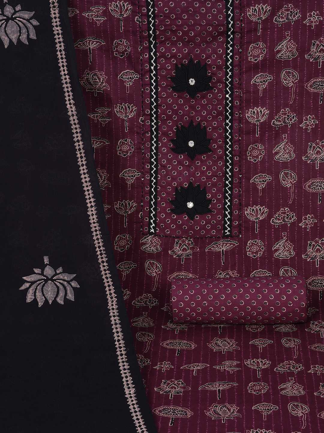 Ready-to-Stitch Cotton embroidered Dress Material Paired with Printed Bottom and printed dupatta.(Wine)