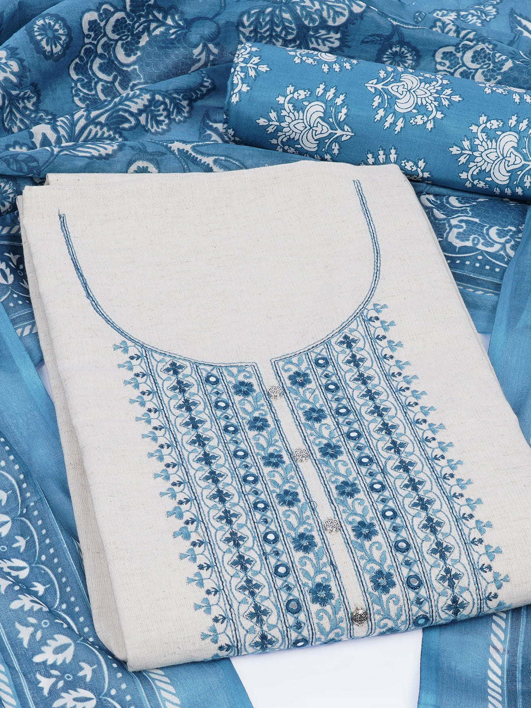 Cotton Flex Embroidered dress material with Printed Bottom & printed dupatta.
