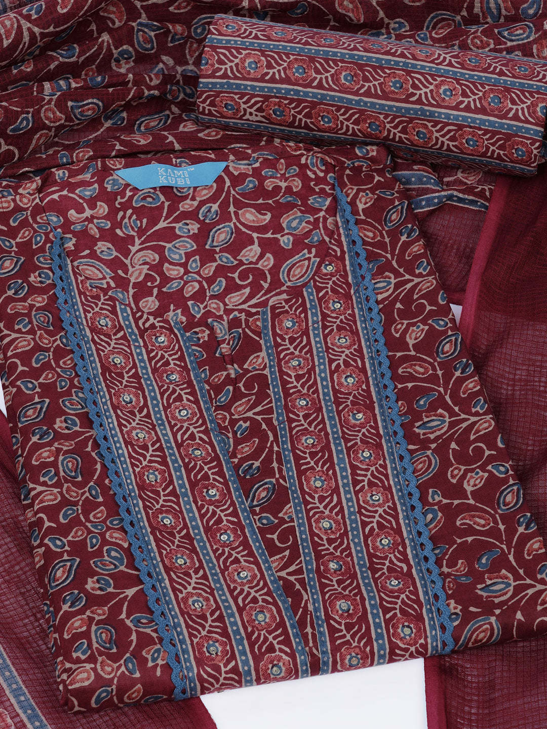 Printed Cotton dress material with Lace Yoke, Kota Dupatta & printed dupatta.