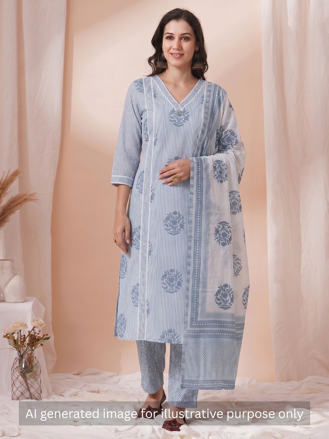 Unstitched Printed 3-Piece Cambric Dress Material with Lace Work Paired with Printed Bottom & printed dupatta.(Blue)