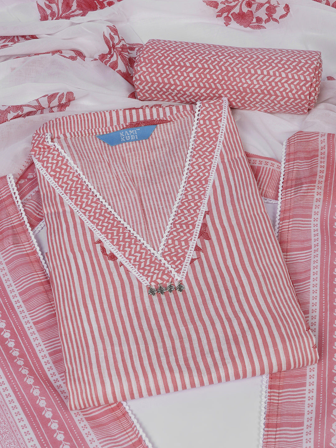 Unstitched Printed 3-Piece Cambric Dress Material with Lace Work Paired with Printed Bottom & printed dupatta.Pink)