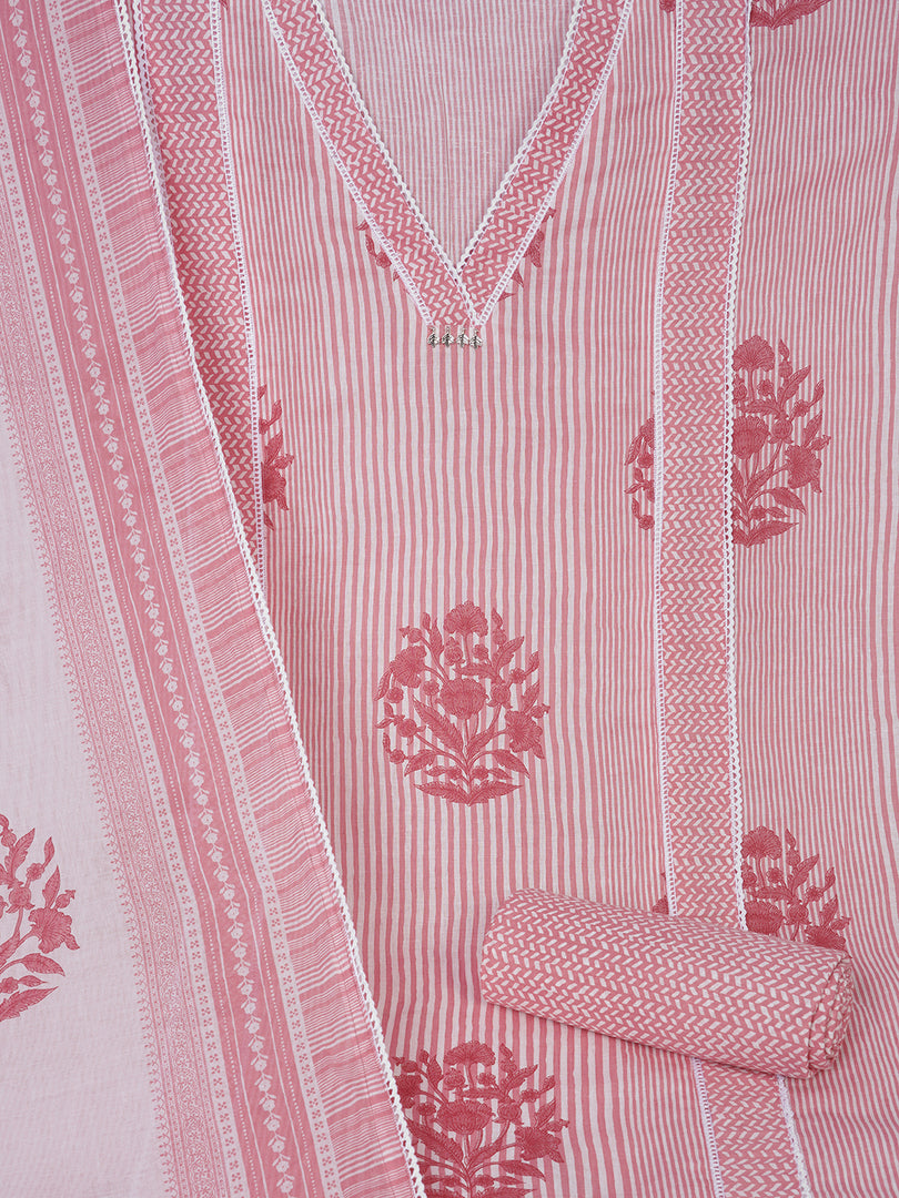 Unstitched Printed 3-Piece Cambric Dress Material with Lace Work Paired with Printed Bottom & printed dupatta.Pink)
