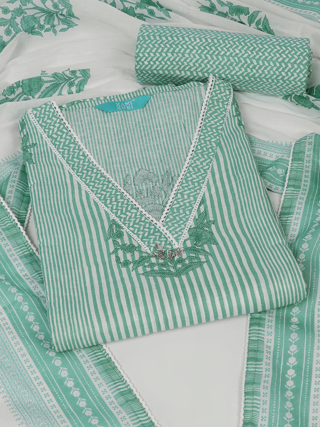 Unstitched Printed 3-Piece Cambric Dress Material with Lace Work Paired with Printed Bottom & printed dupatta.(Green)