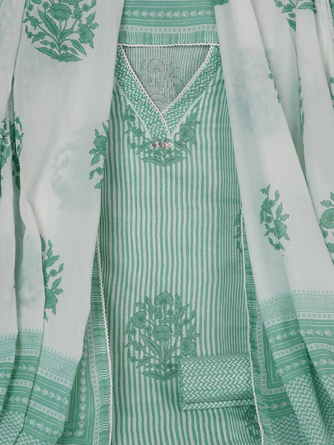 Unstitched Printed 3-Piece Cambric Dress Material with Lace Work Paired with Printed Bottom & printed dupatta.(Green)