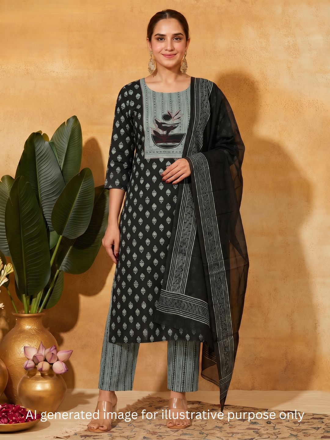 3-Piece Unstitched Printed Cambric Dress Material with Applique Work & Mul Dupatta.(Black)