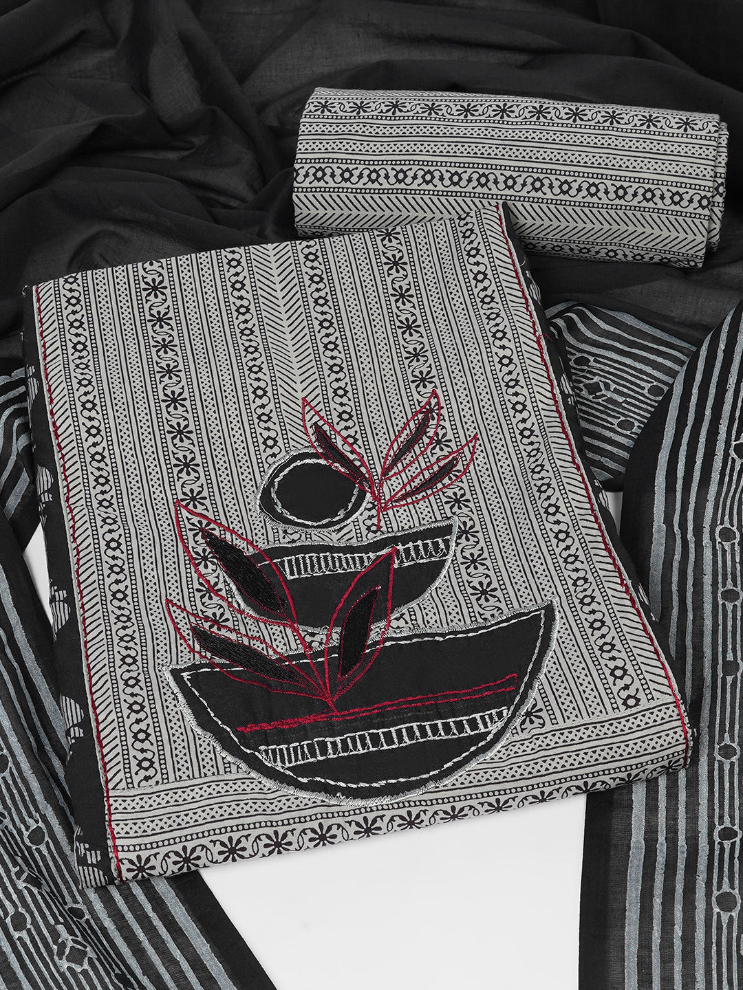 3-Piece Unstitched Printed Cambric Dress Material with Applique Work & Mul Dupatta.(Black)