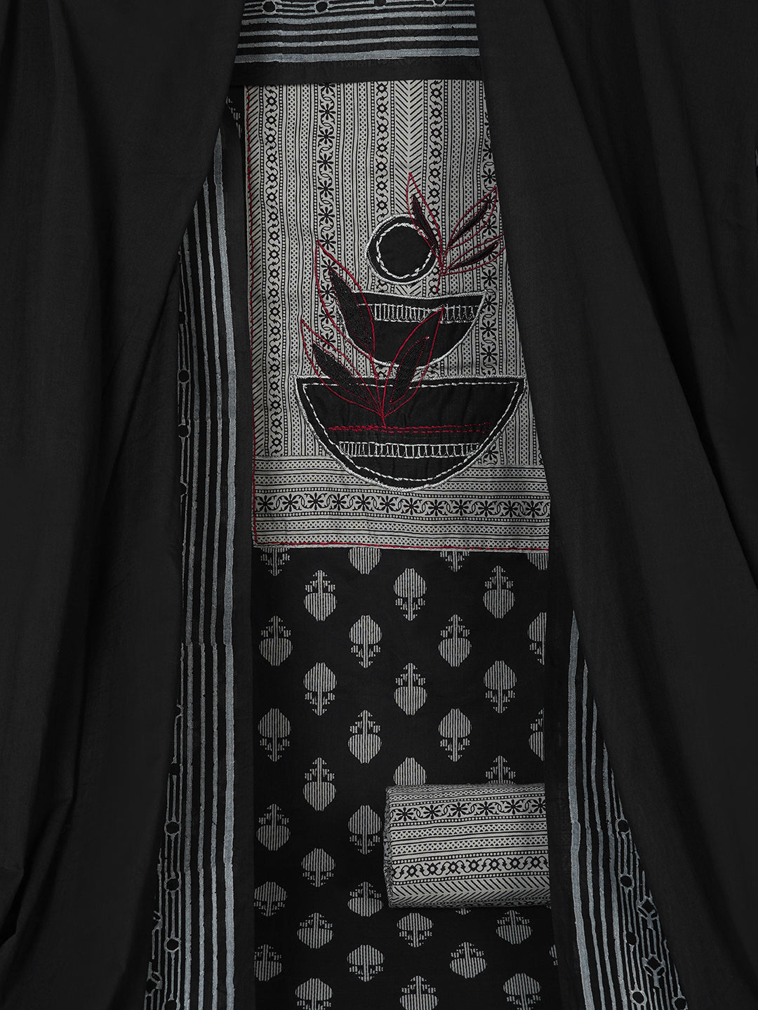 3-Piece Unstitched Printed Cambric Dress Material with Applique Work & Mul Dupatta.(Black)