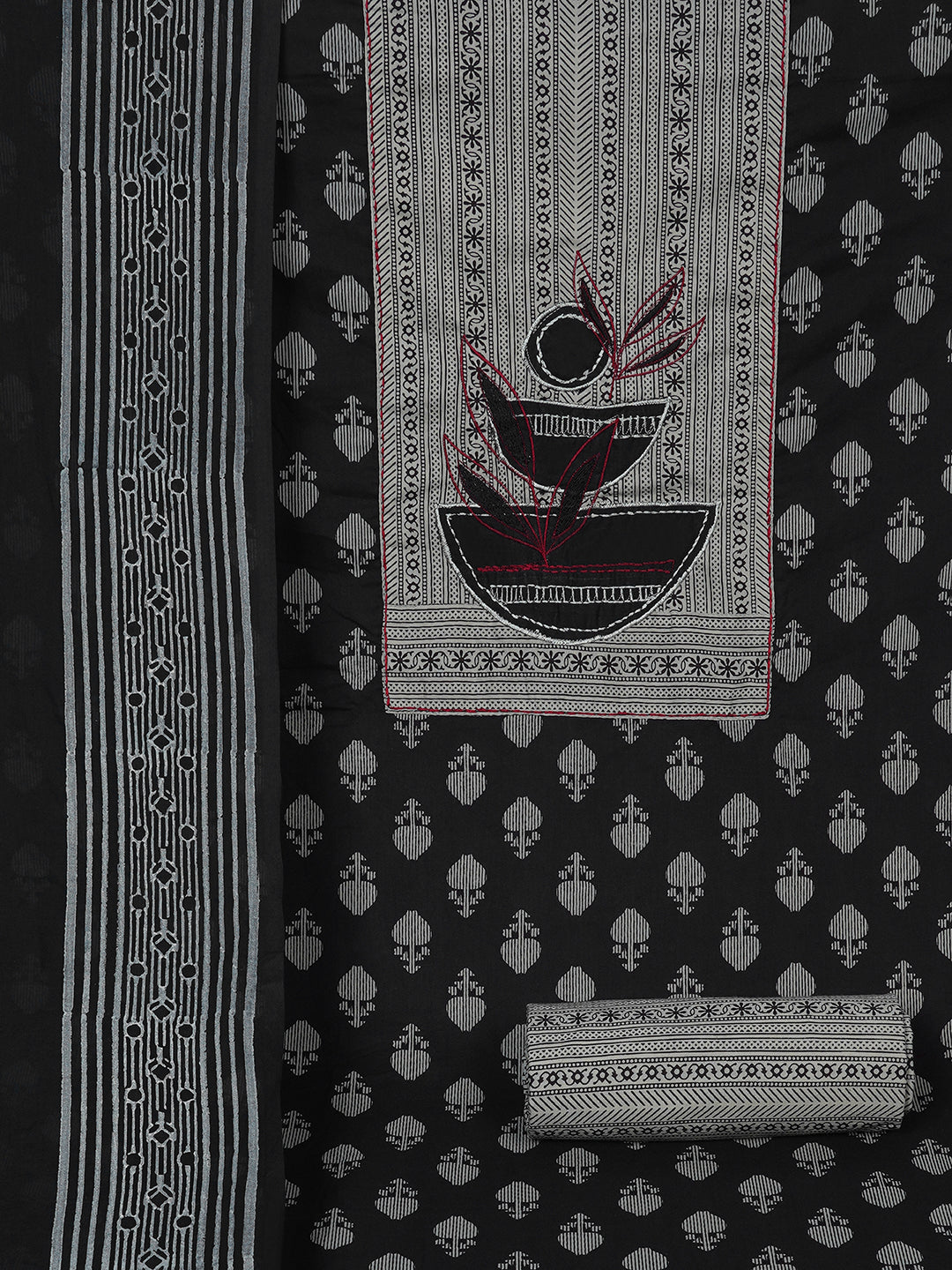 3-Piece Unstitched Printed Cambric Dress Material with Applique Work & Mul Dupatta.(Black)