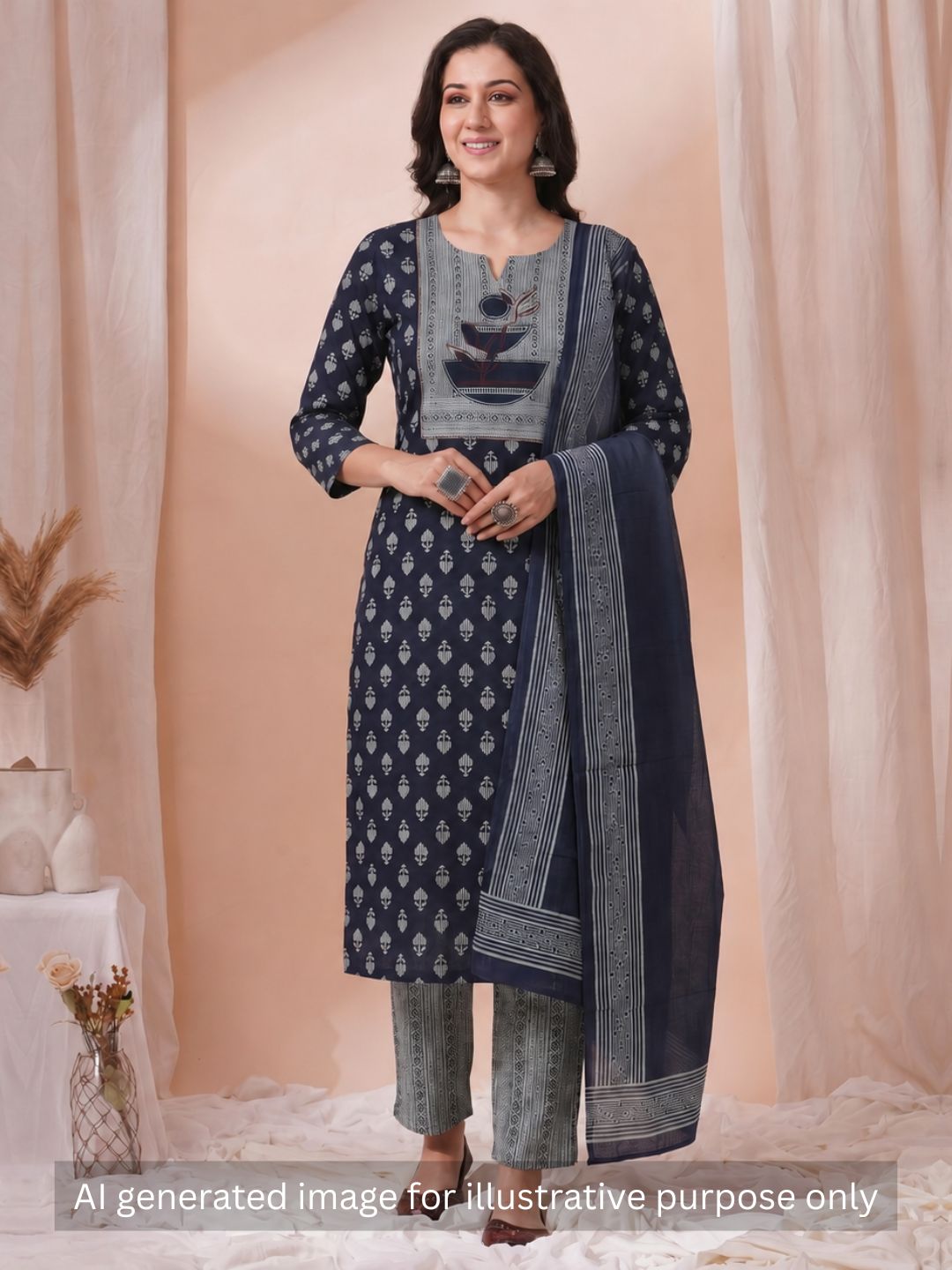 3-Piece Unstitched Printed Cambric Dress Material with Applique Work & Mul Dupatta.(Blue)
