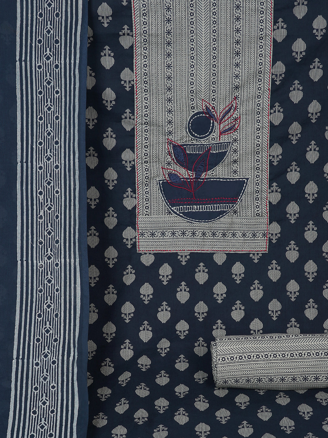 3-Piece Unstitched Printed Cambric Dress Material with Applique Work & Mul Dupatta.(Blue)
