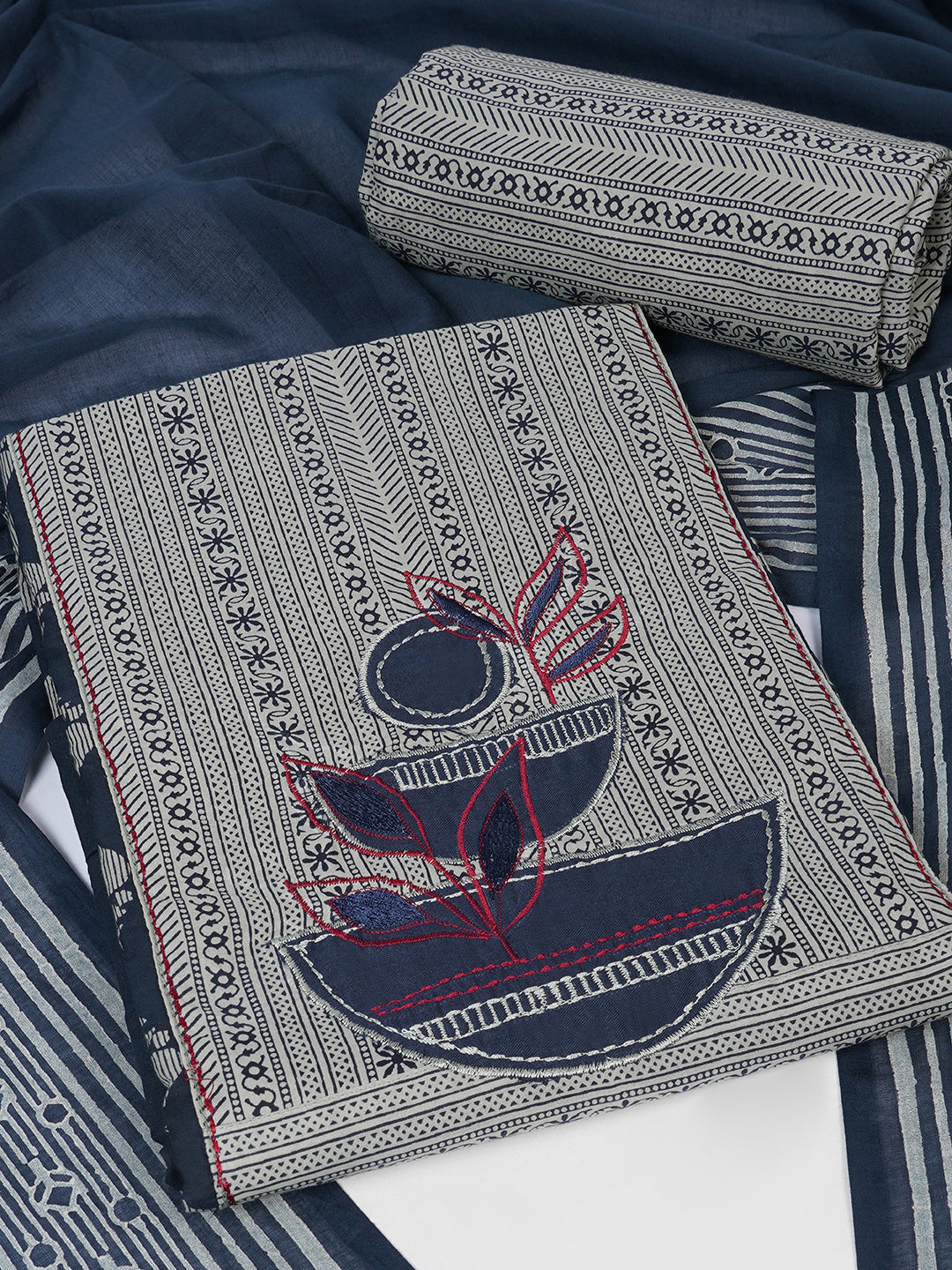 3-Piece Unstitched Printed Cambric Dress Material with Applique Work & Mul Dupatta.(Blue)