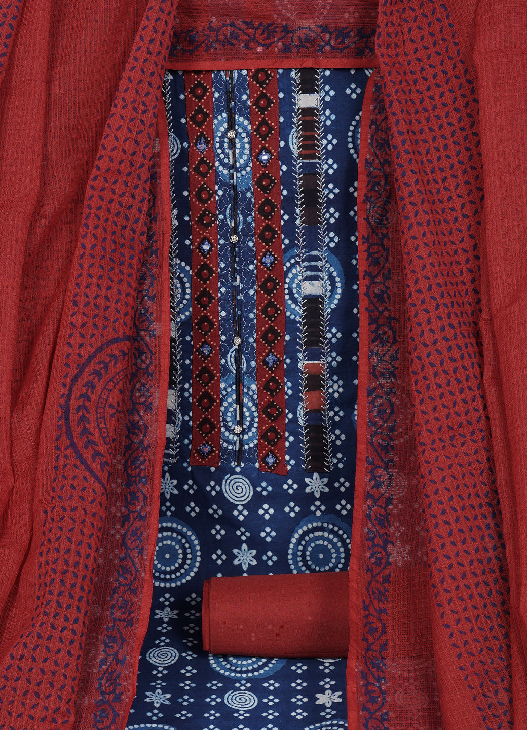 Indigo Bandhani Print Cotton Unstitched Suit Set with Embroidered Yoke & Rust Dupatta Material.