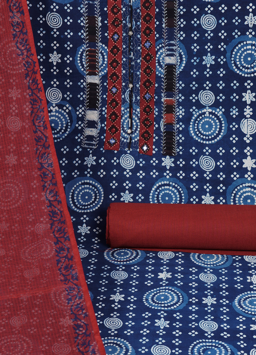 Indigo Bandhani Print Cotton Unstitched Suit Set with Embroidered Yoke & Rust Dupatta Material.